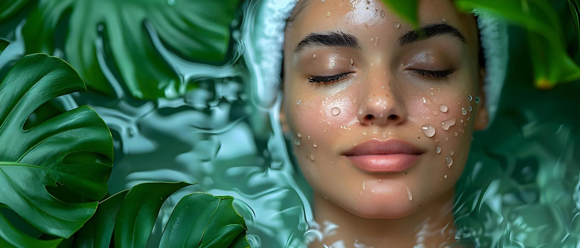 Woman with hydrated, glowing skin surrounded by aloe and botanicals, representing deep hydration and skin barrier support.
