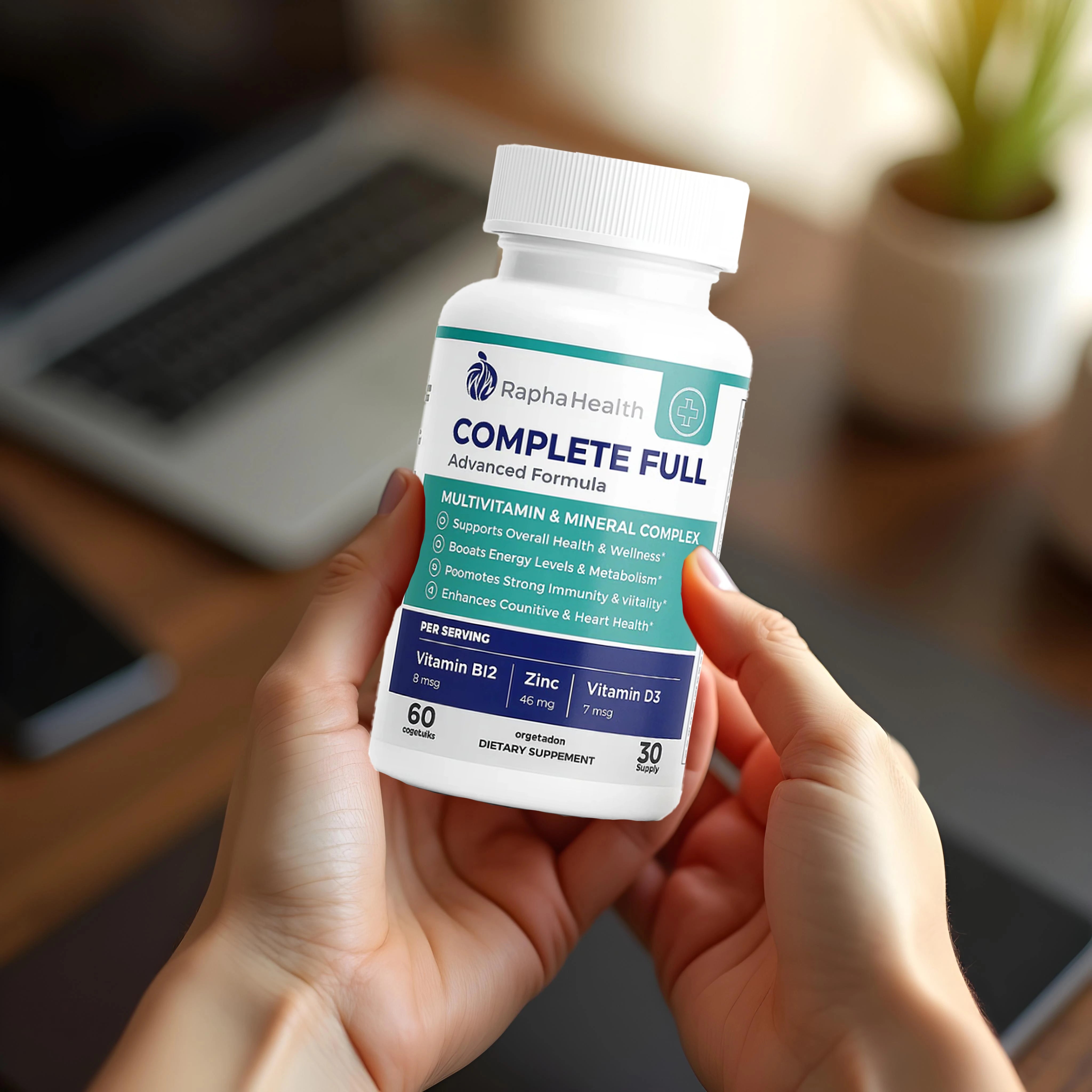 Hands holding Complete Full Multivitamin & Mineral Complex bottle on a table with healthy lifestyle elements – wellness product photography
