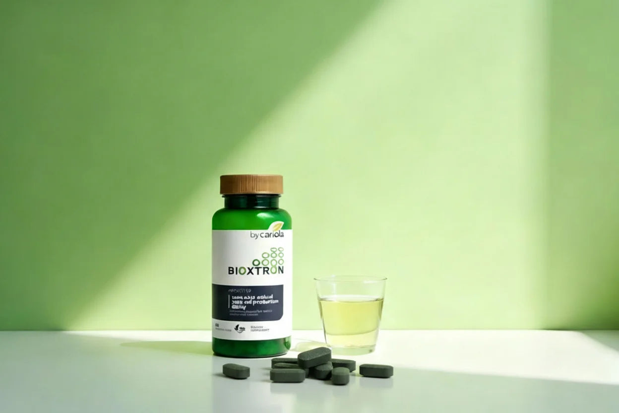 Bioxtron bottle beside a glass of water in a clean wellness setup.
