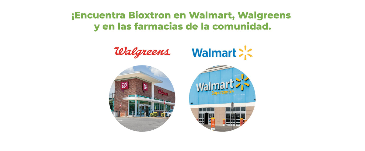 Fachadas de tiendas Walmart y Walgreens donde se encuentra disponible Bioxtron Colágeno