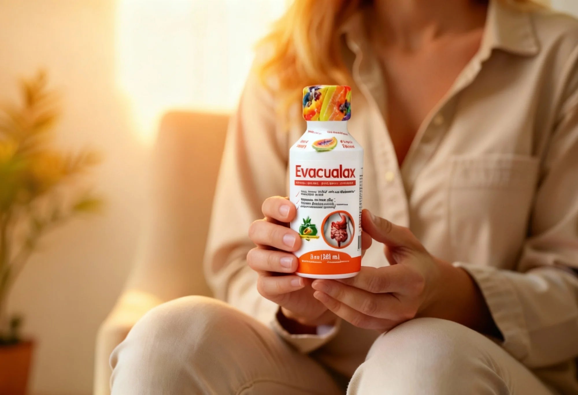 Adult holding a bottle of digestive liquid supplement in a bright room, illustrating daily use instructions.
