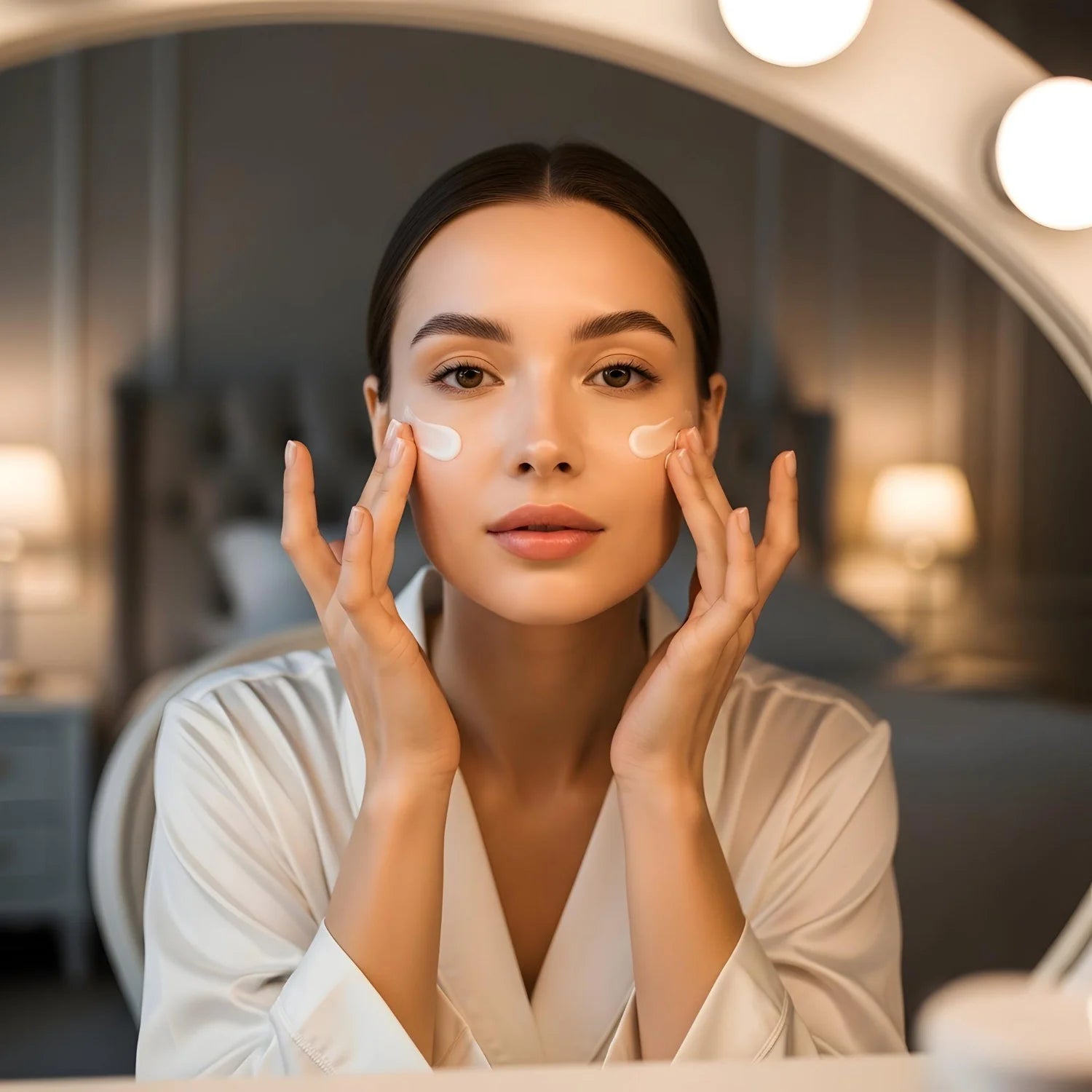 Woman applying cream at night as part of an evening skincare ritual.