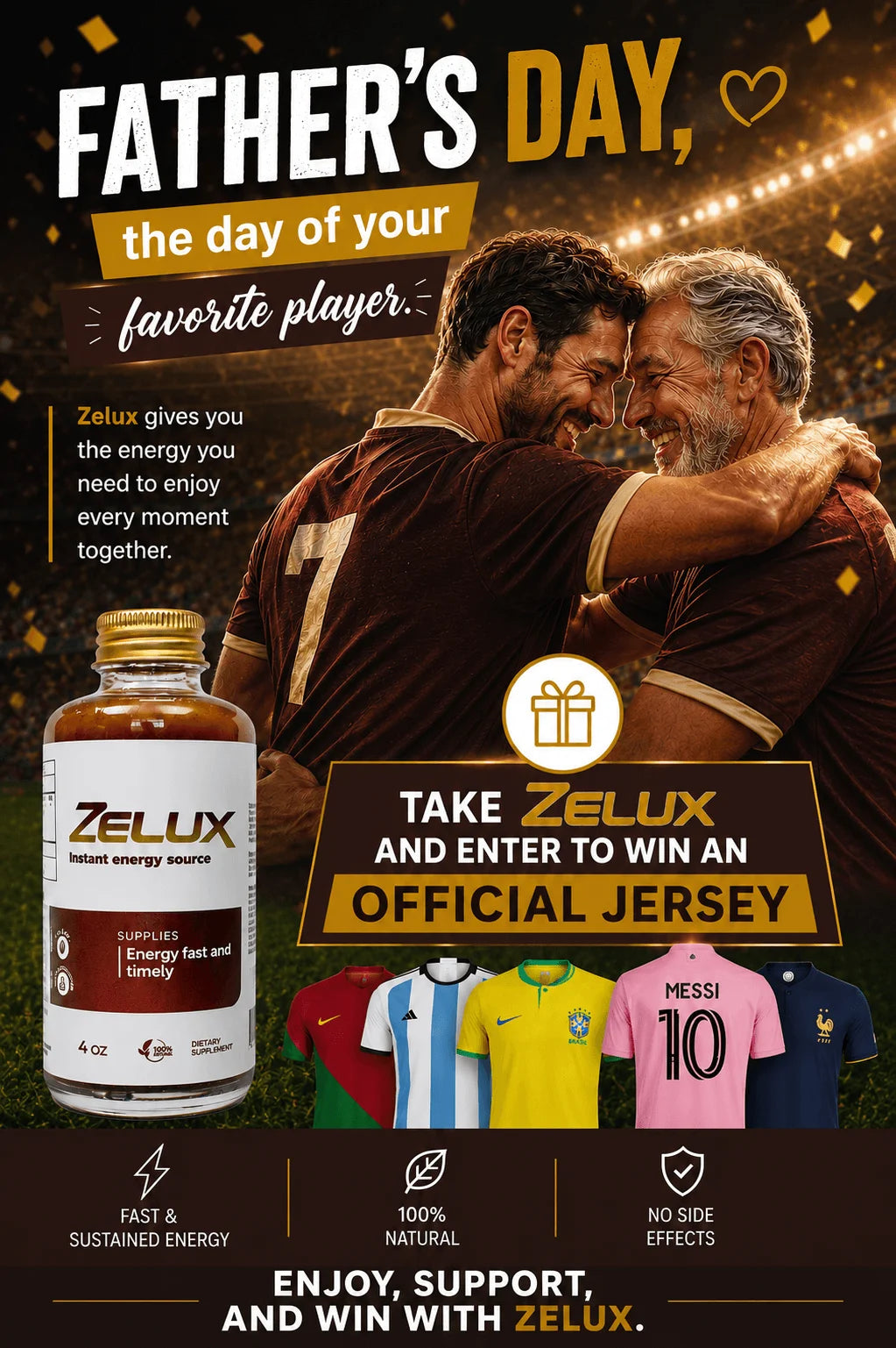 Mobile Father's Day Zelux promotion featuring a father and son in a stadium and the chance to win an official soccer jersey.