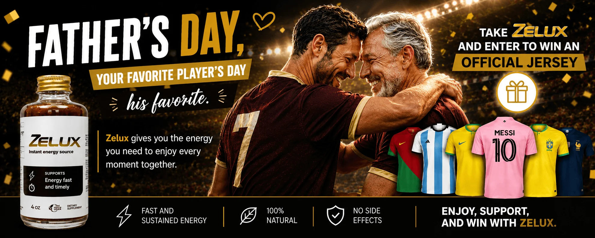 Father's Day promotional banner featuring Zelux energy supplement, a father and son celebrating in a stadium, and a chance to win an official soccer jersey.