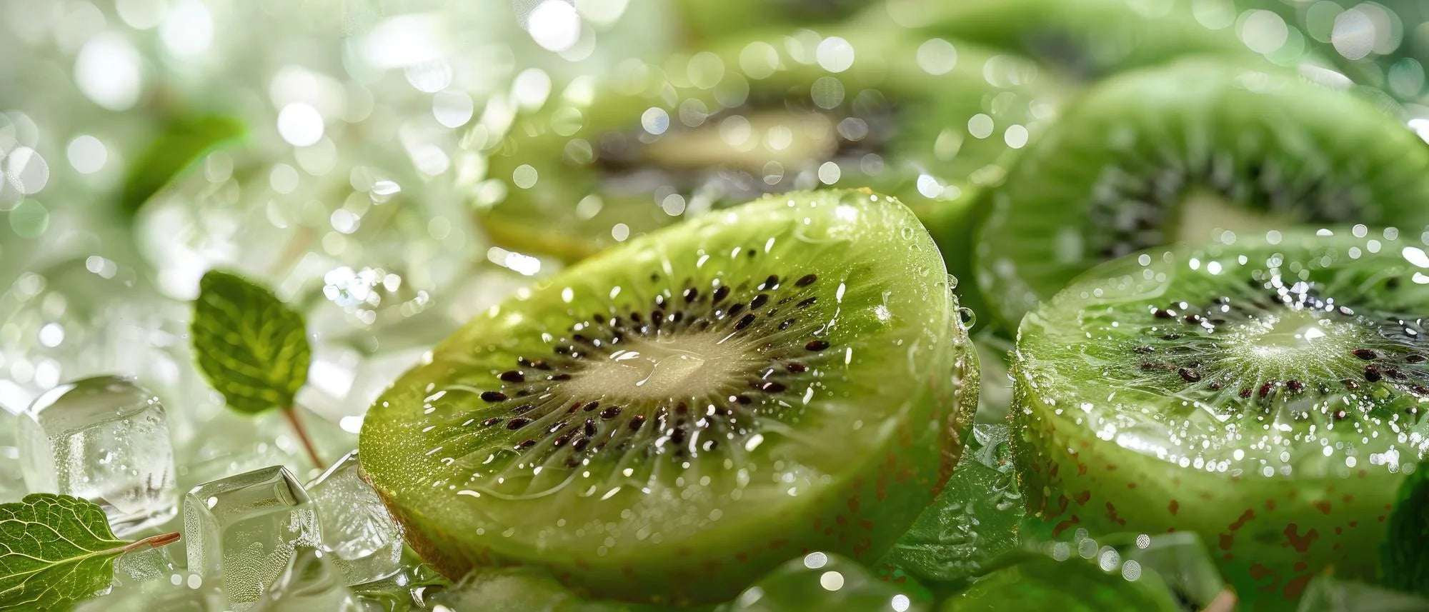 Fresh kiwi slices with green superfood powder on a clean white surface, representing natural cellular nourishment and vitality.