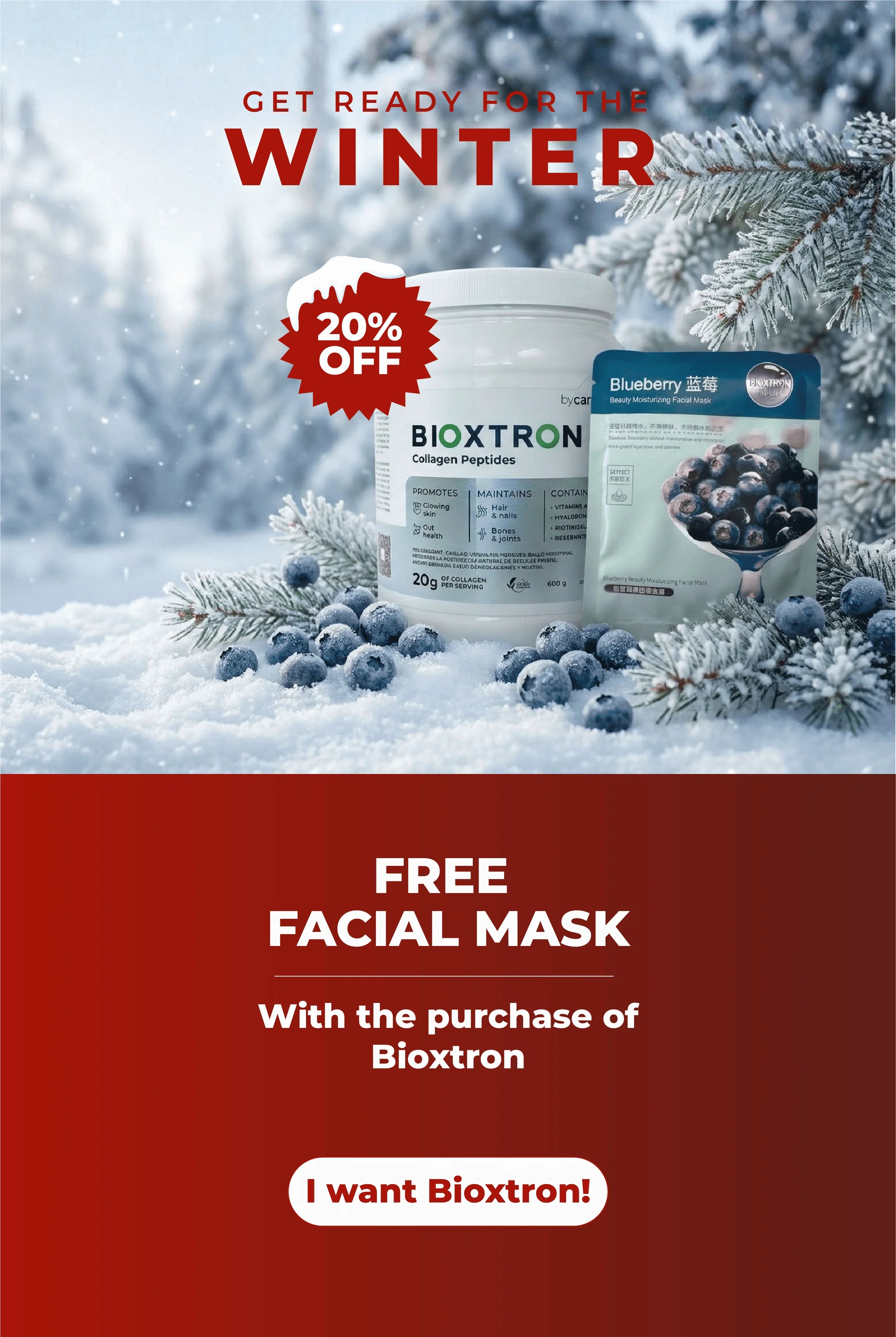 Winter-themed promotional banner featuring Bioxtron Collagen and a free blueberry facial mask. Snow-covered landscape with product display.