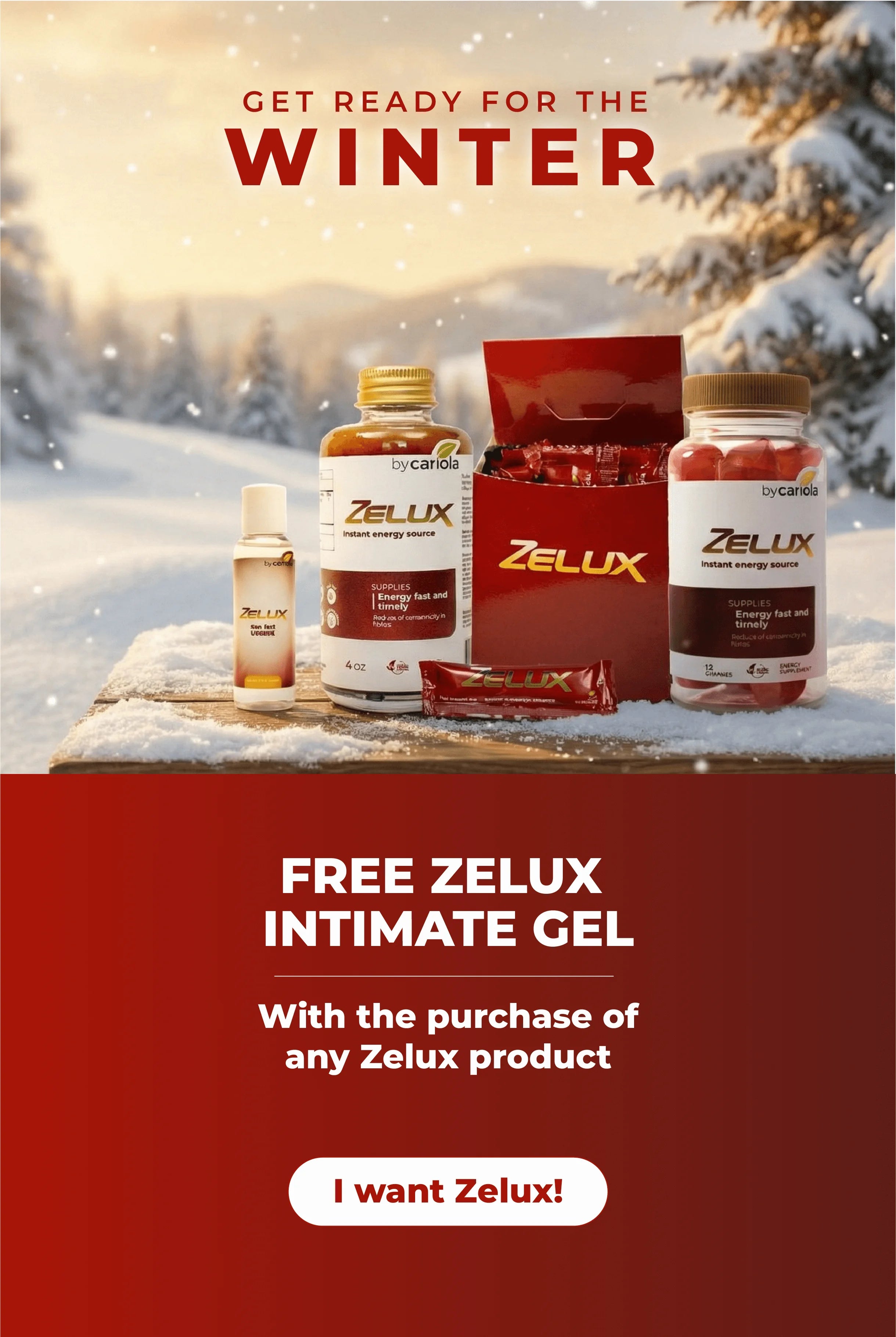 Winter-themed promotional banner featuring Zelux supplements and a free Zelux Intimate Gel offer. Snowy forest background and Zelux products displayed prominently.