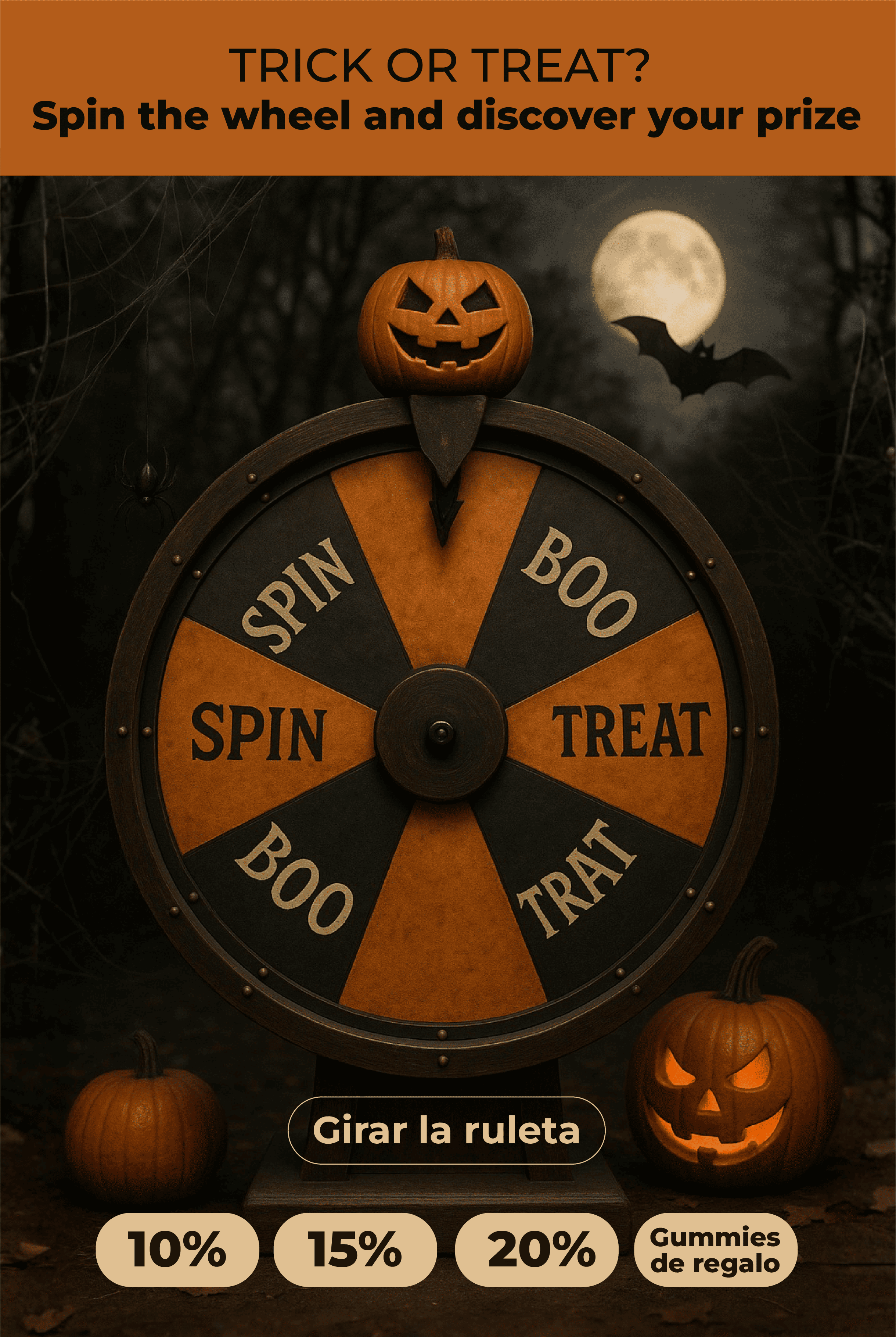 Halloween-themed wheel of fortune surrounded by carved pumpkins showing discount signs and gifts.