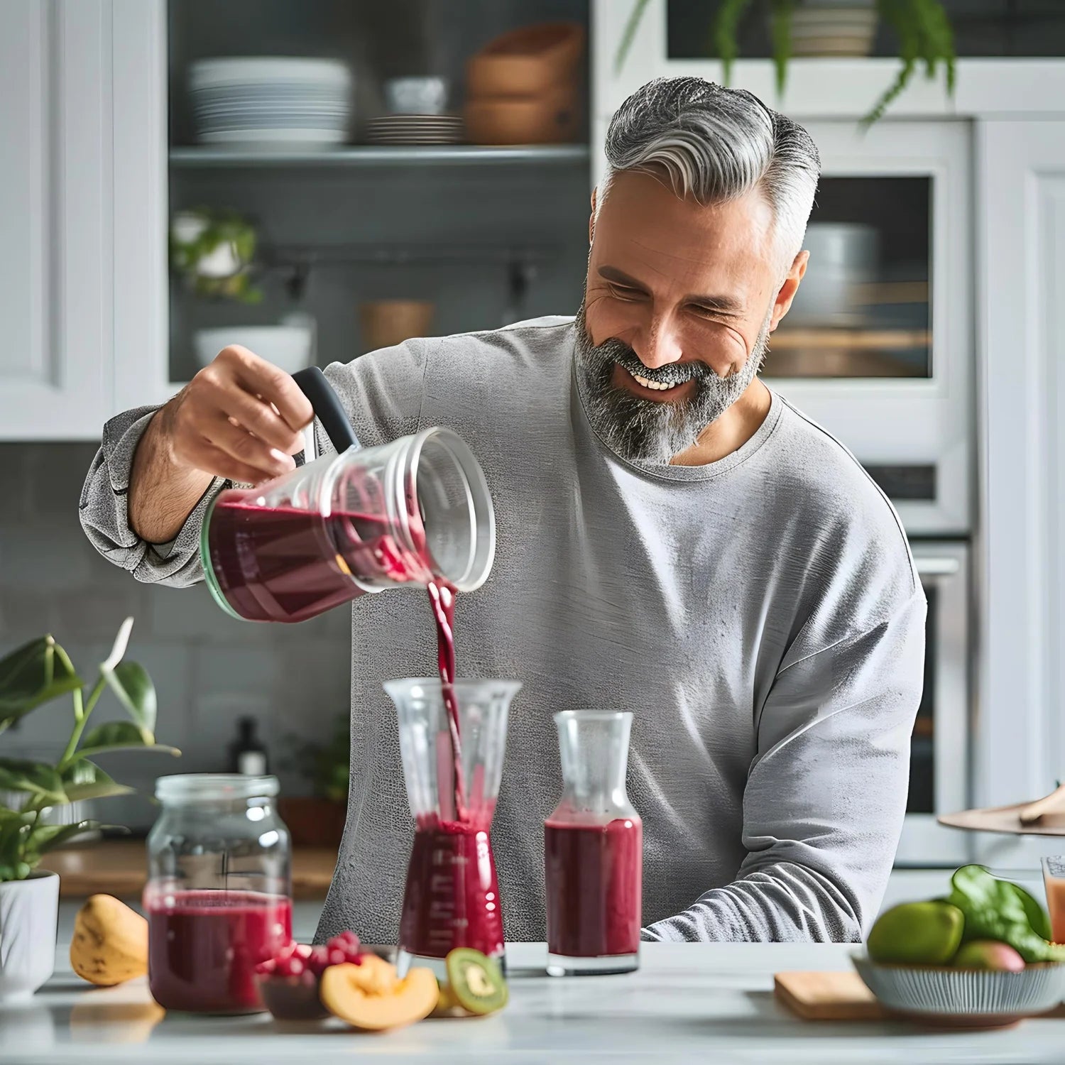Adult taking a natural strawberry digestive liquid supplement in a bright kitchen setting.

