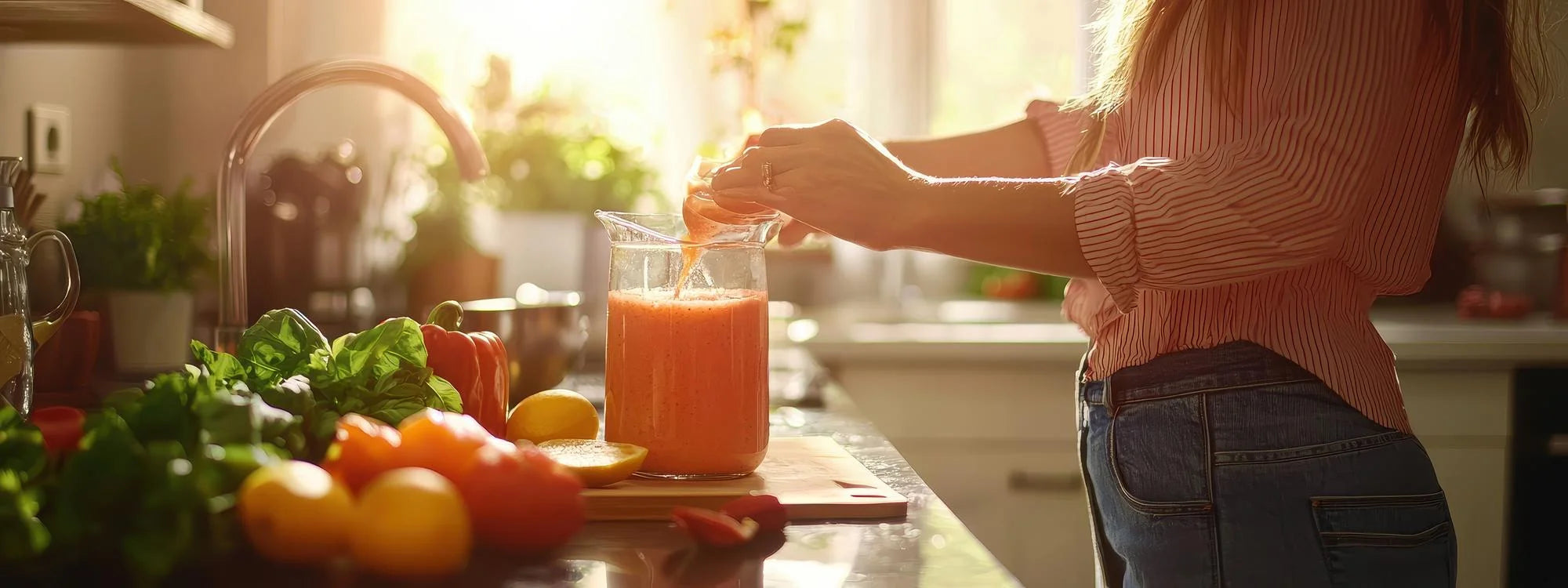 Adult taking a natural strawberry digestive liquid supplement in a clean, calm kitchen setting.