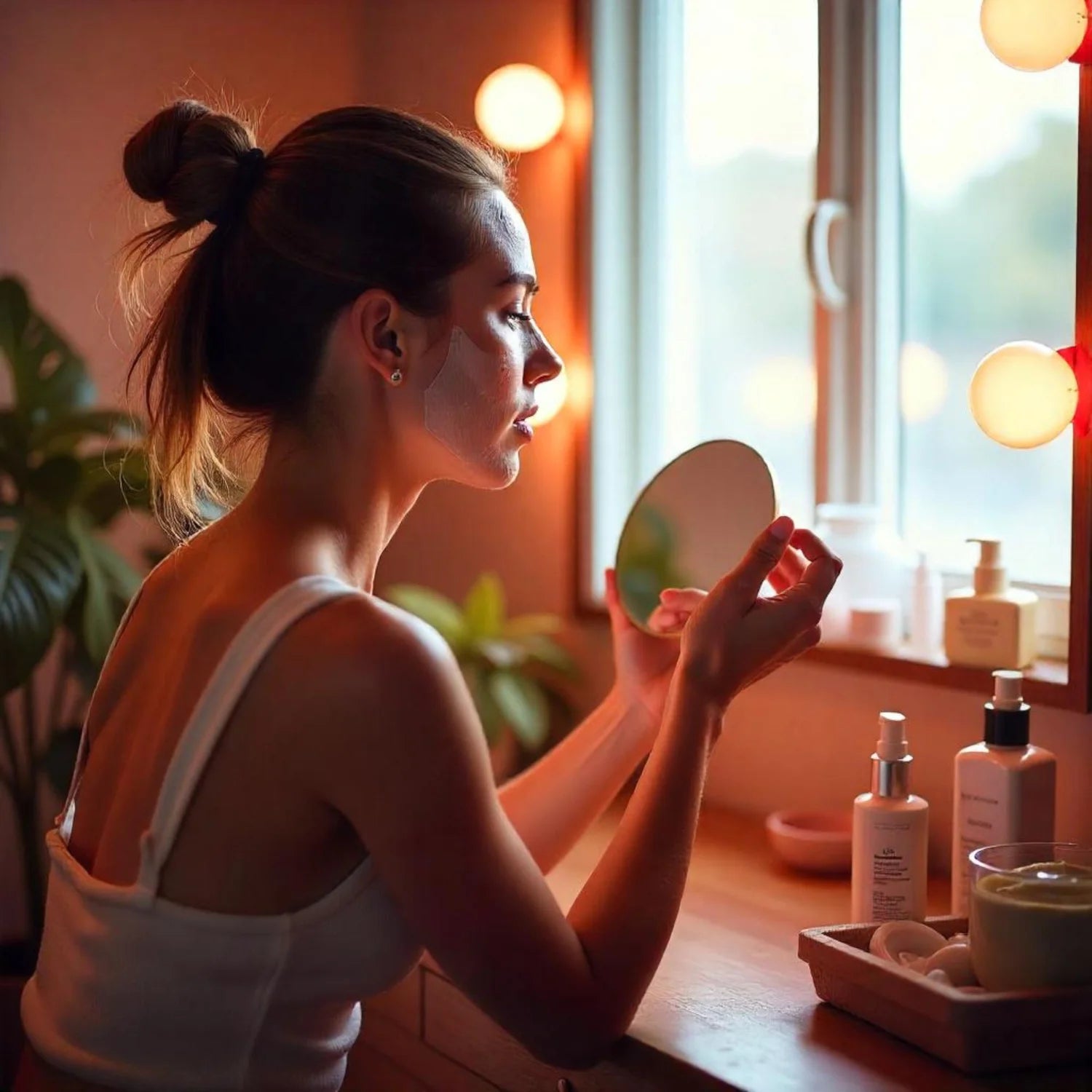 Woman doing a hydration touch-up during the day with skincare cream.