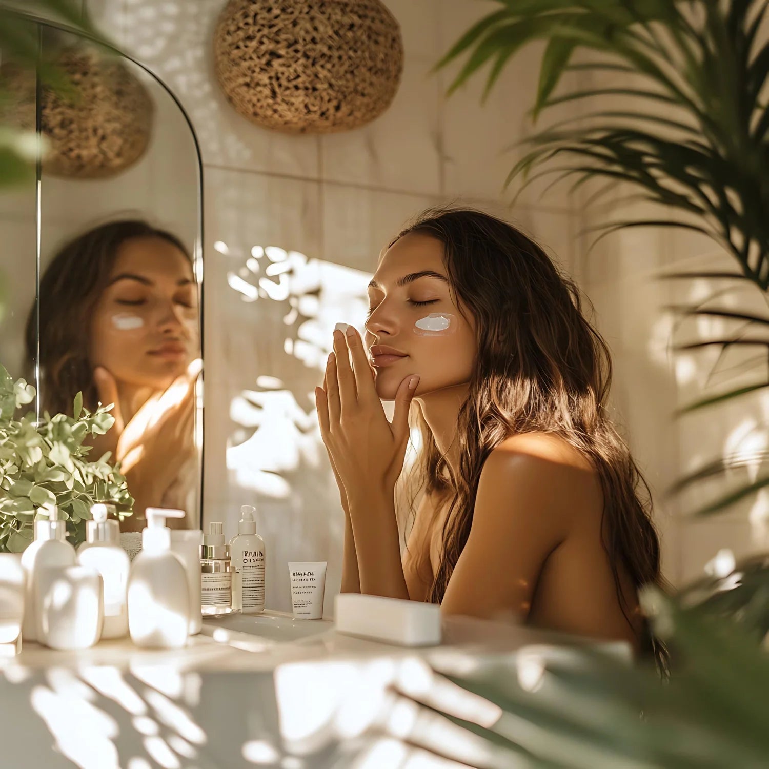 Woman applying moisturizing cream in the morning skincare routine.