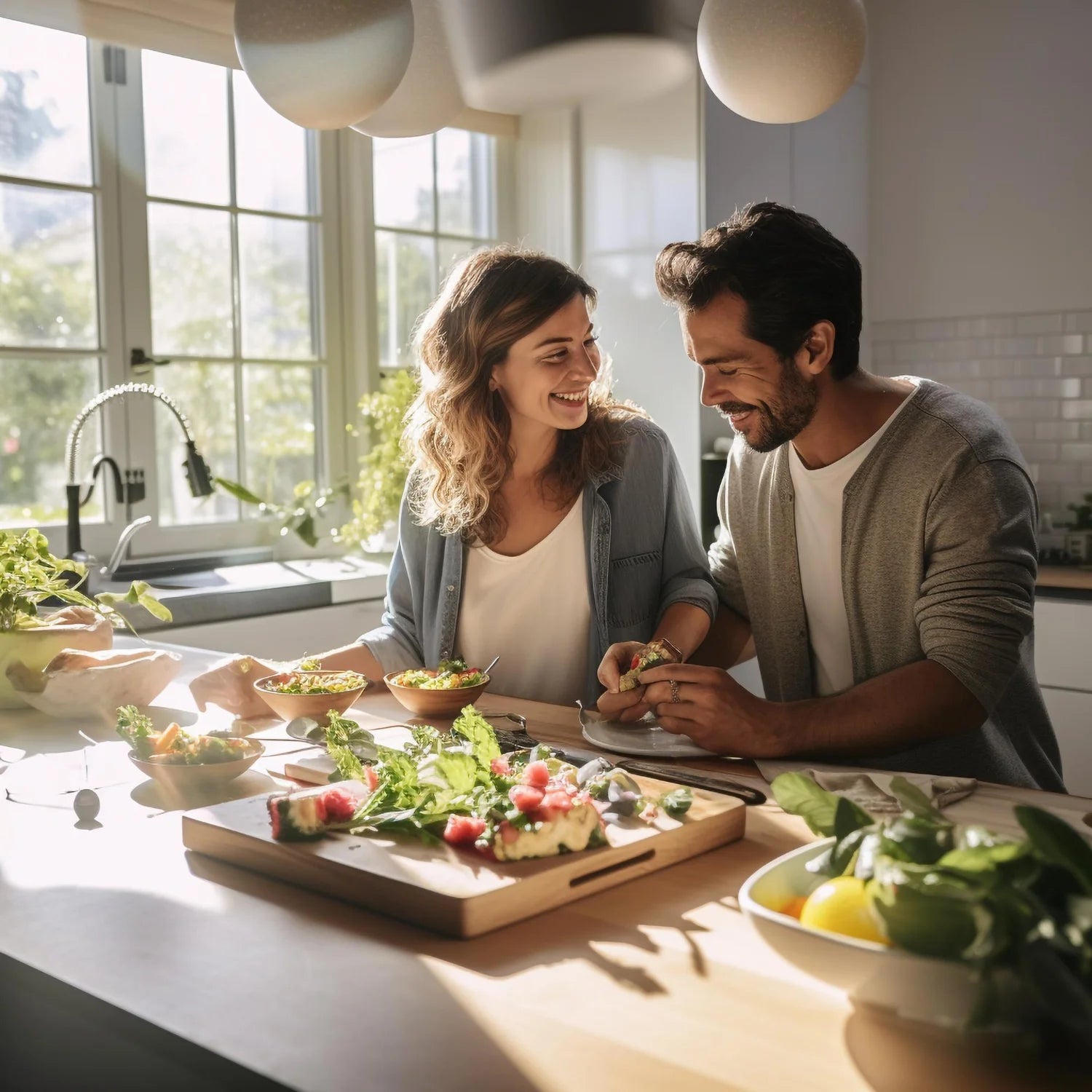 Couple enjoying your morning wellness routine, holding a bowl of salad and a gummy supplement in a bright, minimalist kitchen.
