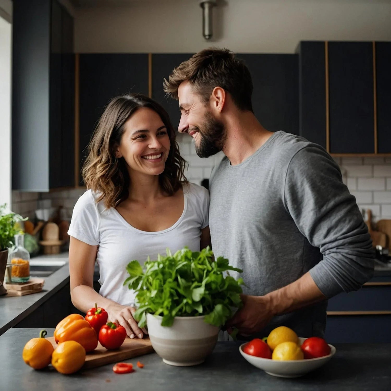 Couple preparing a healthy breakfast in a bright kitchen, representing a simple daily wellness routine.
