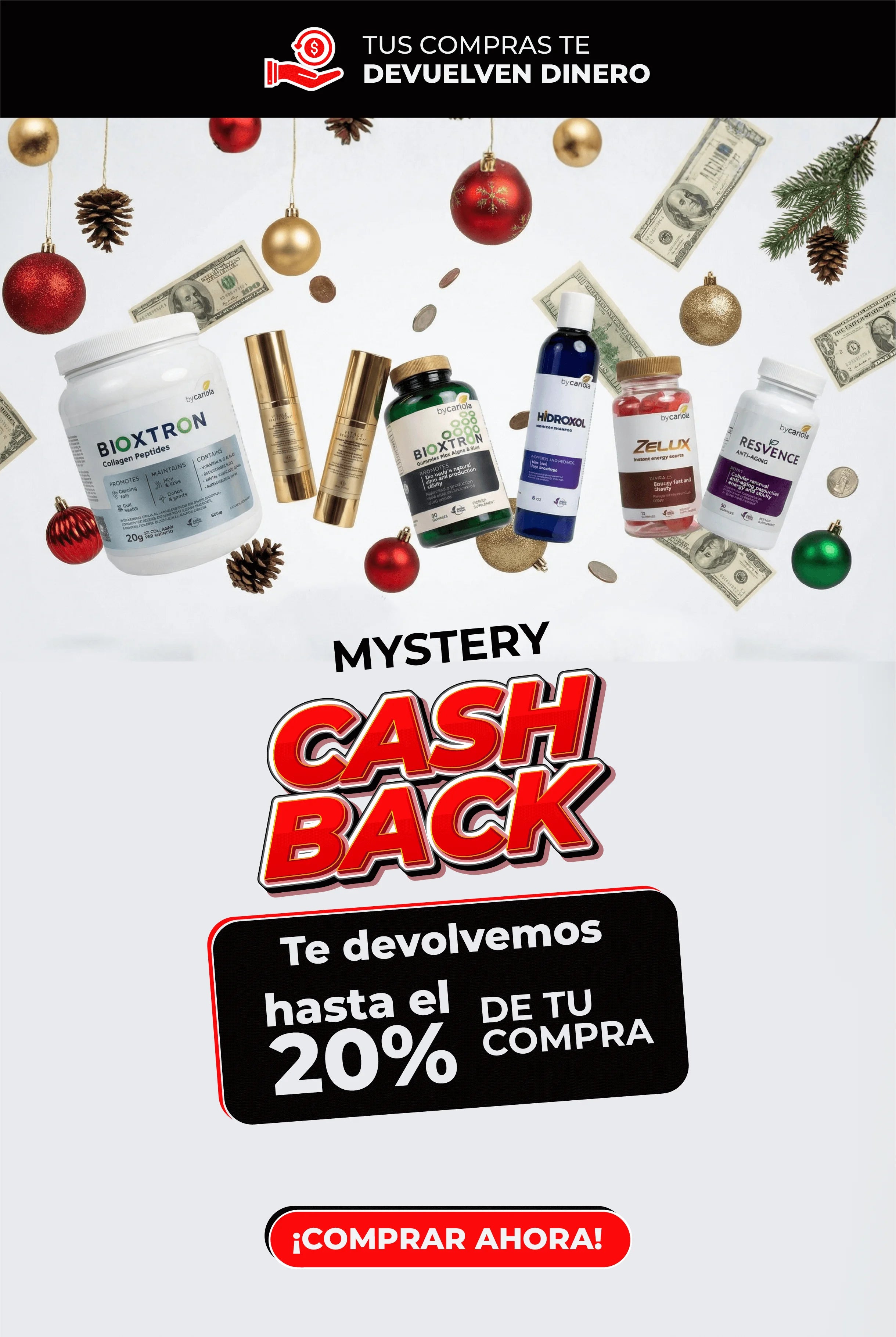 Banner móvil de Mystery Cashback de By Cariola que muestra productos de la marca y ofrece hasta un 20% de devolución en crédito en tienda.