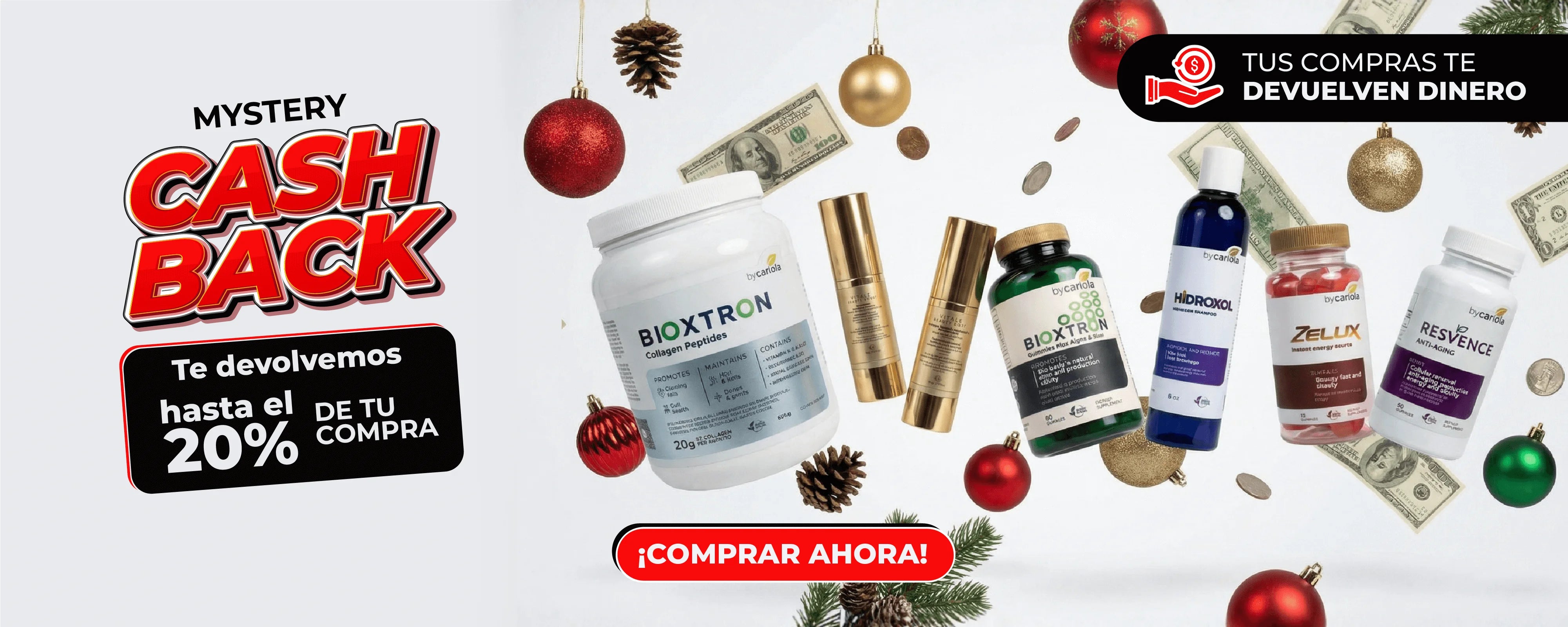 Promoción Mystery Cashback de By Cariola con productos destacados y elementos festivos, donde se devuelve hasta el 20% de la compra en crédito en tienda.