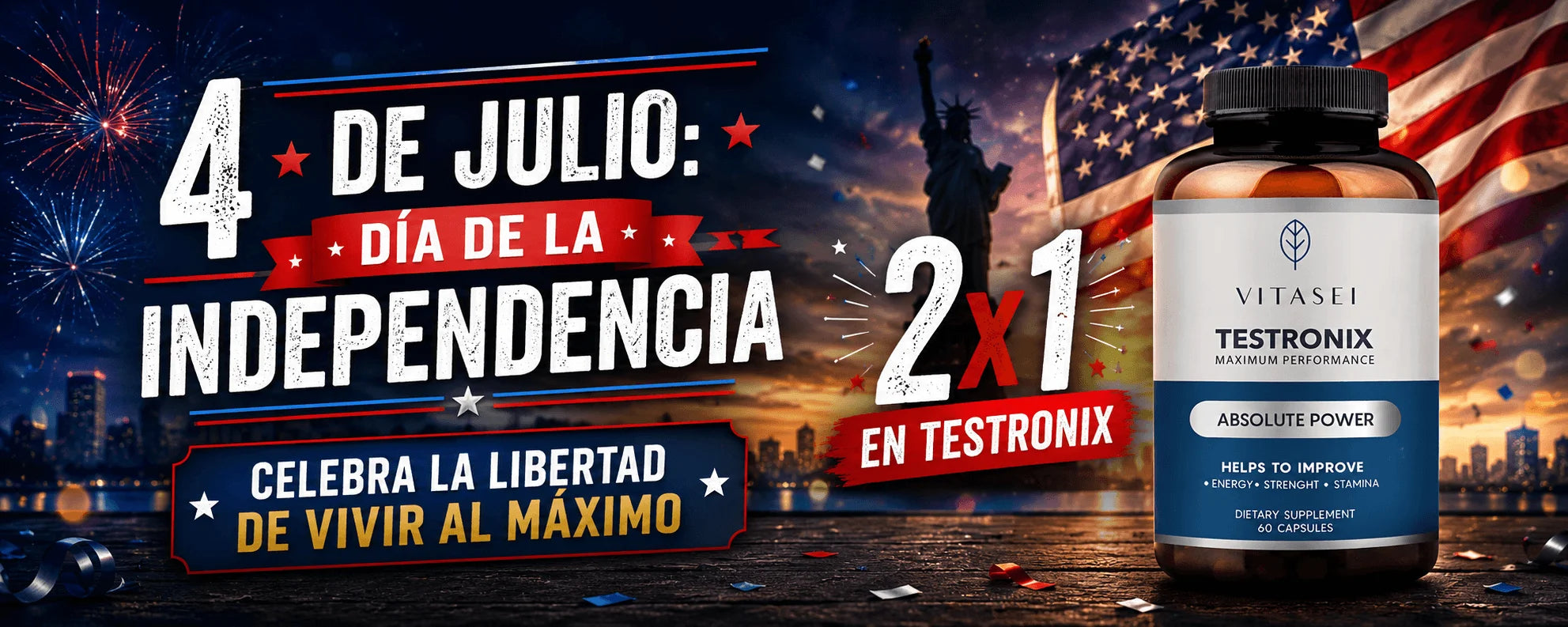 Banner promocional para escritorio del 4 de Julio con la oferta especial 2x1 en Testronix de Vitasei por tiempo limitado.