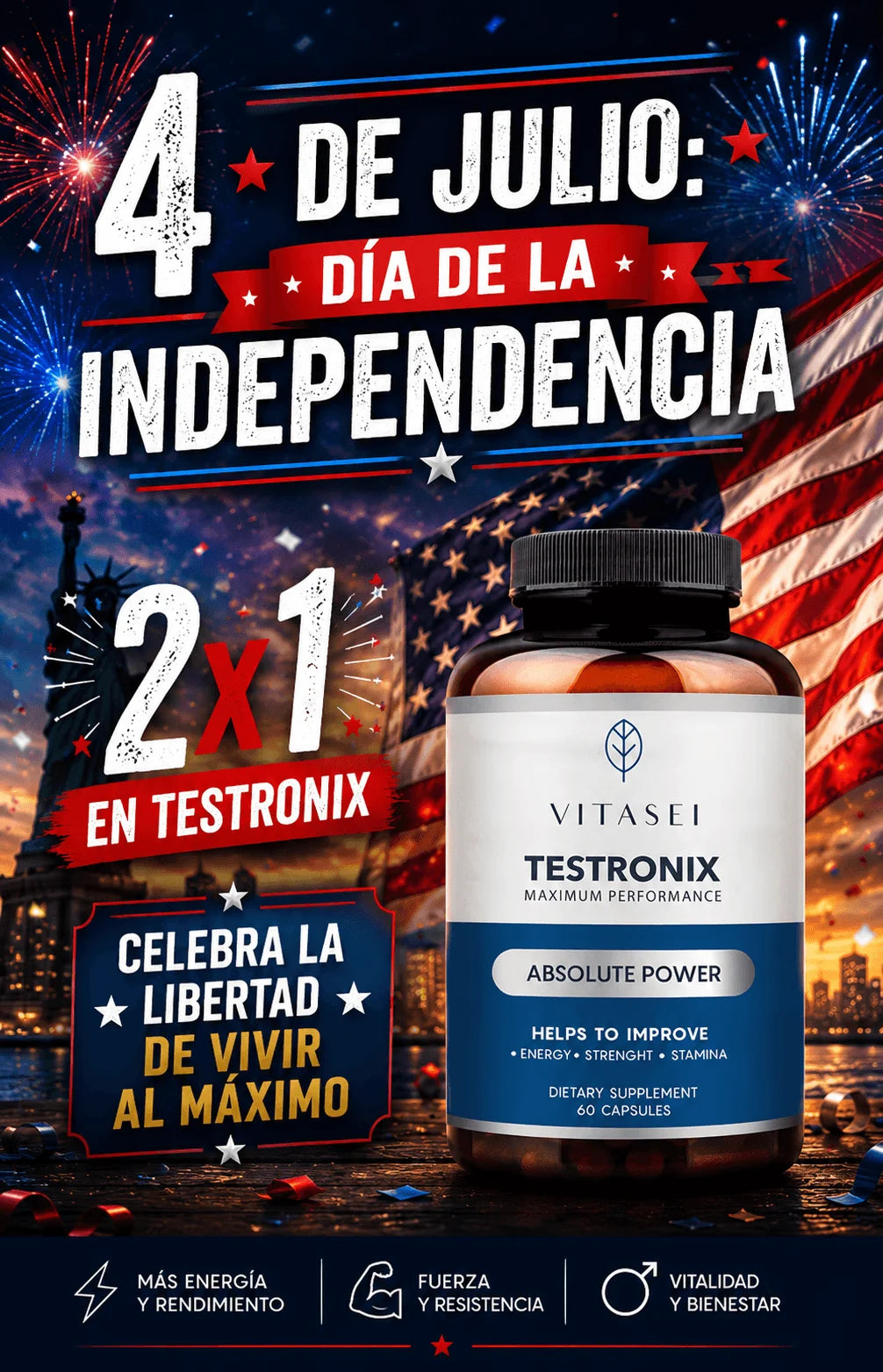 Imagen promocional para dispositivos móviles con la campaña del Día de la Independencia y la oferta especial 2x1 en Testronix de Vitasei.