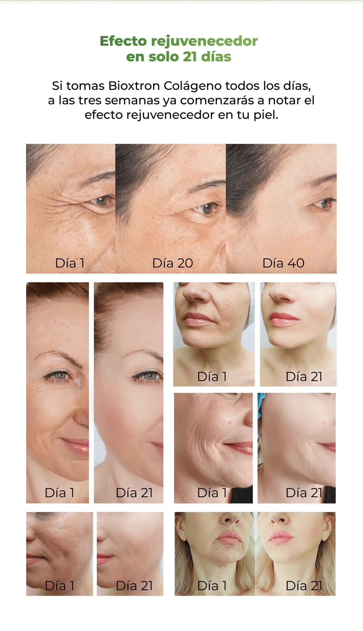 Comparación visual del rostro antes y después del uso de Bioxtron Colágeno durante varios días