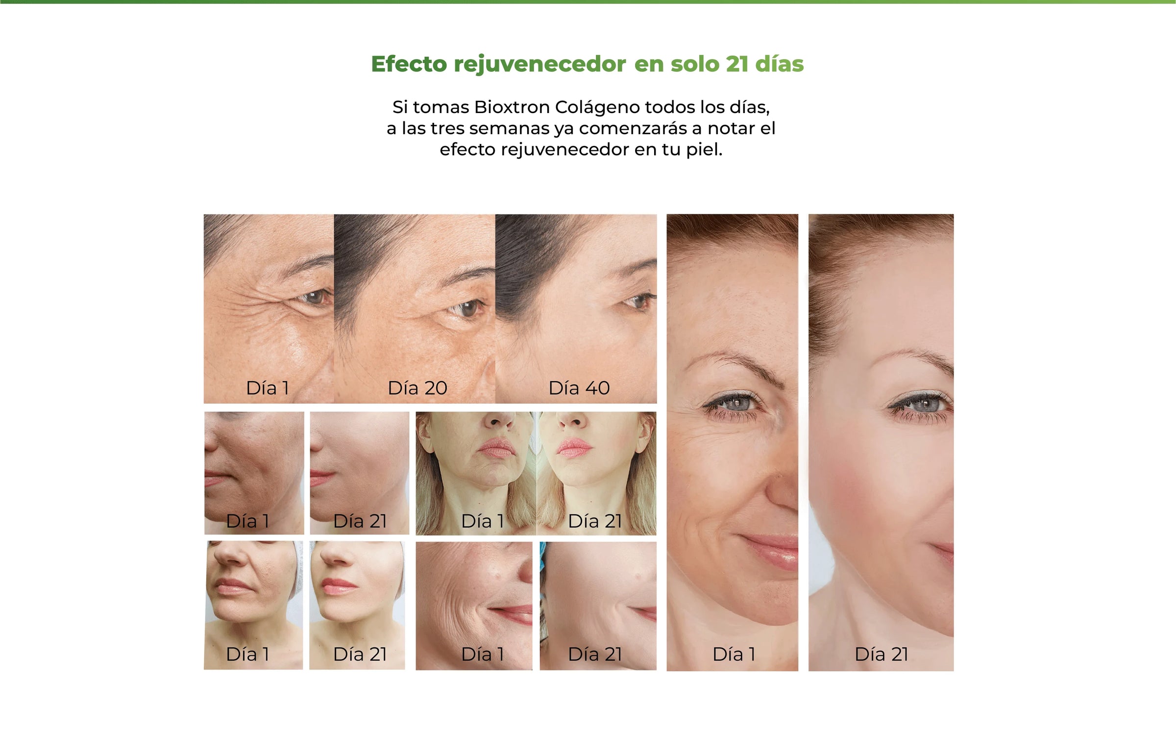 Comparación antes y después del uso de Bioxtron Colágeno mostrando mejora visible en la apariencia de la piel en distintos días de consumo
