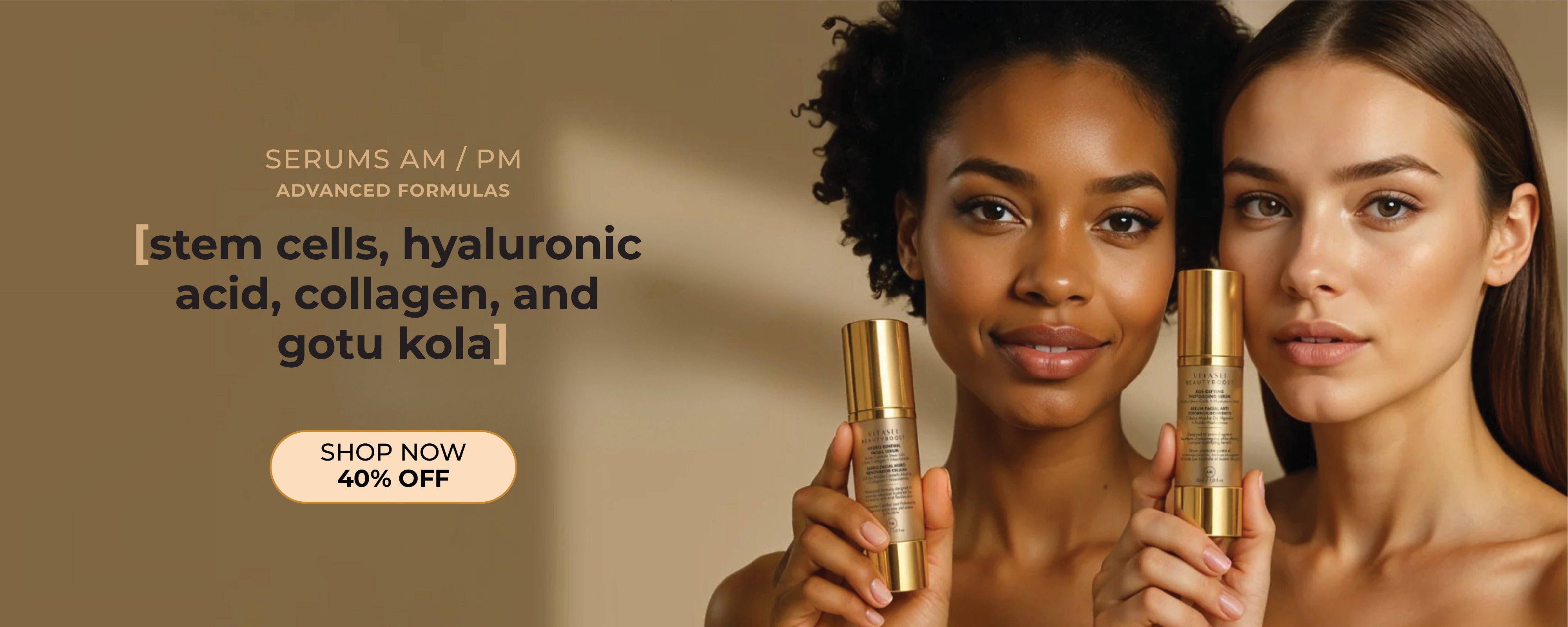 Models holding AM/PM anti-aging facial serum with stem cells, hyaluronic acid, collagen, and gotu kola – premium skincare