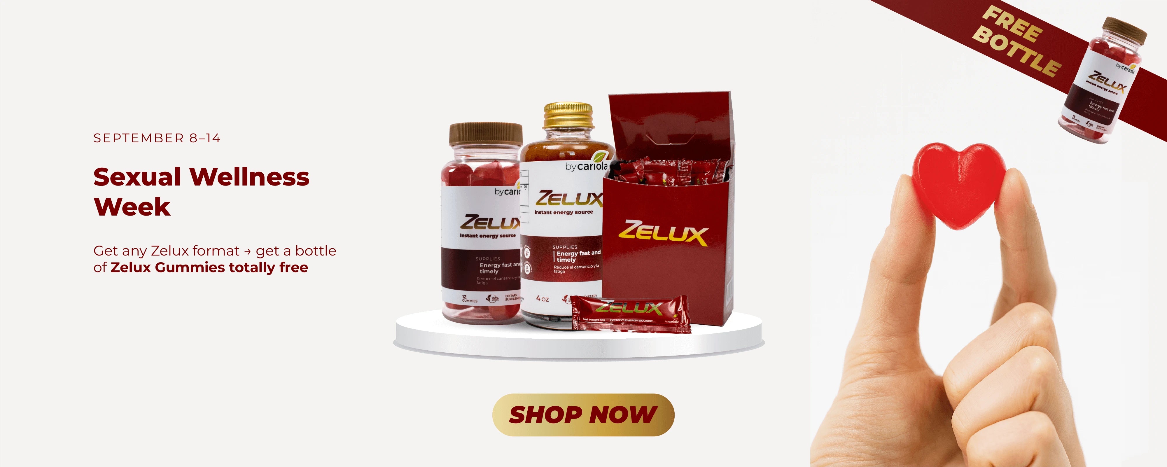 Zelux Sexual Wellness Week promotion – buy any Zelux format and get a free bottle of Zelux Gummies, September 8–14.