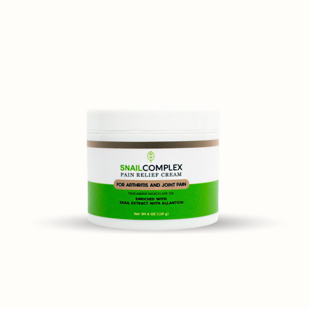 Snail Complex Pain Relief Cream jar, enriched with snail extract and allantoin, designed to relieve arthritis and joint pain.