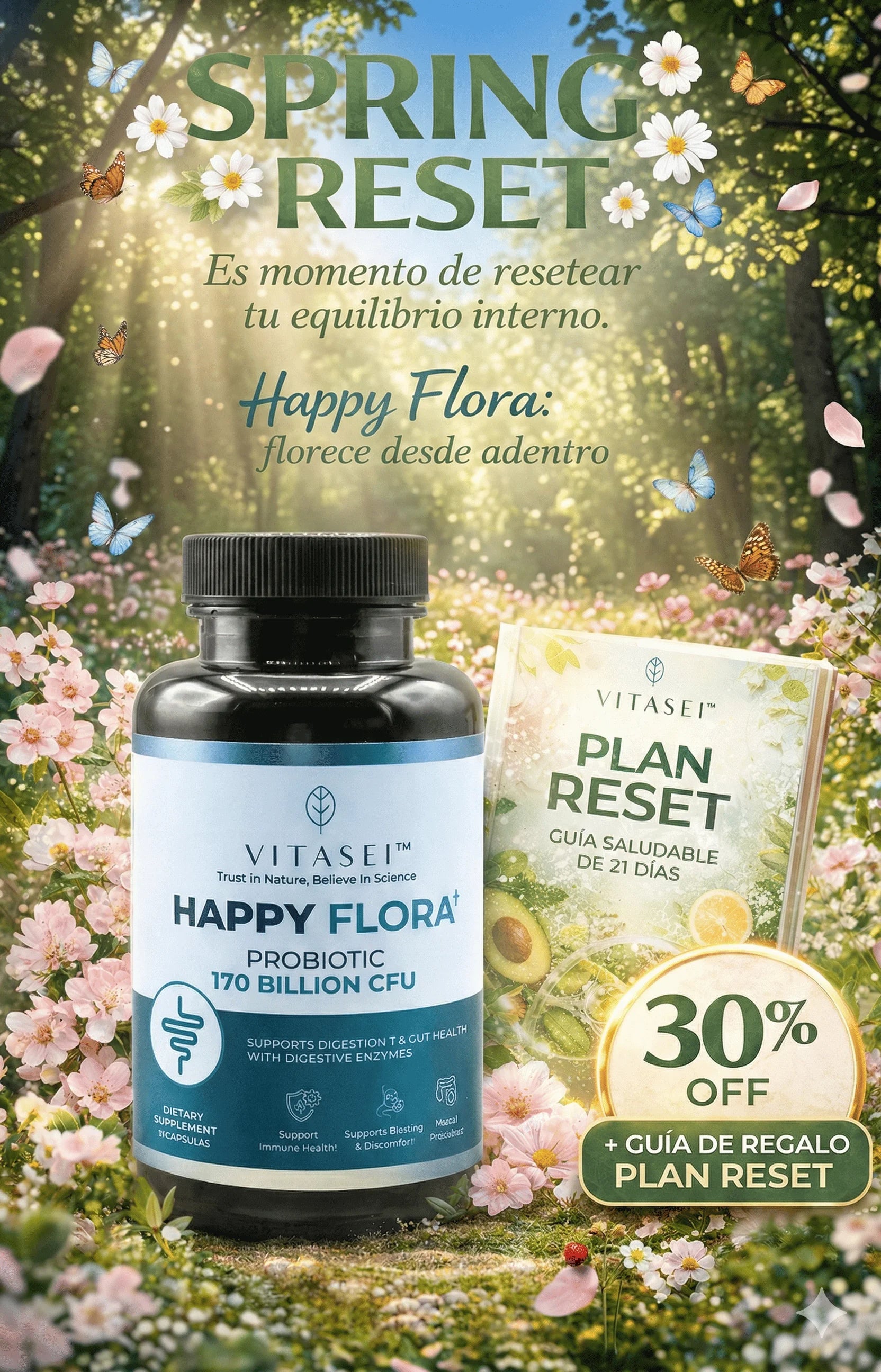 Banner móvil de la campaña Spring Reset mostrando el suplemento probiótico Happy Flora de Vitasei junto a la guía Plan Reset de 21 días en un paisaje primaveral con flores y mariposas, destacando un 30% de descuento.