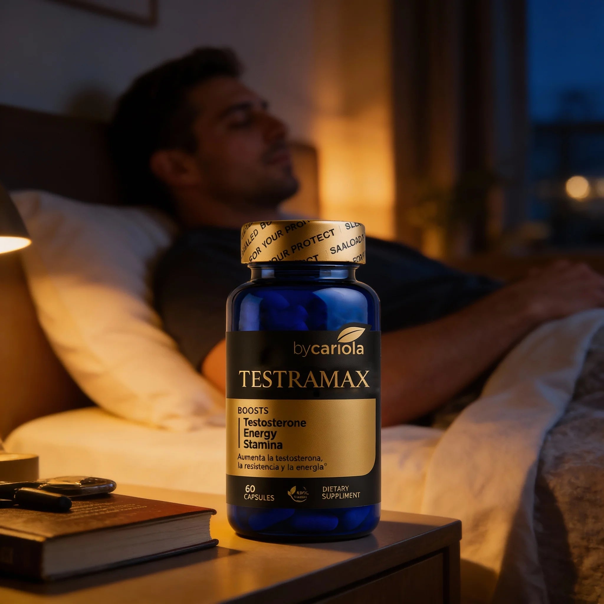 Man relaxing in the evening with TESTRAMAX nearby, representing hormonal balance, calm, and restored daily vitality.