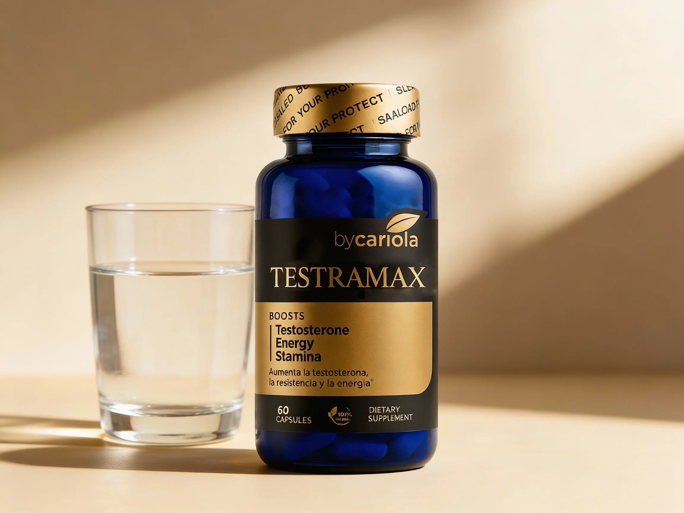 Product image of the TESTRAMAX bottle with a glass of water, illustrating a simple daily supplement routine.
