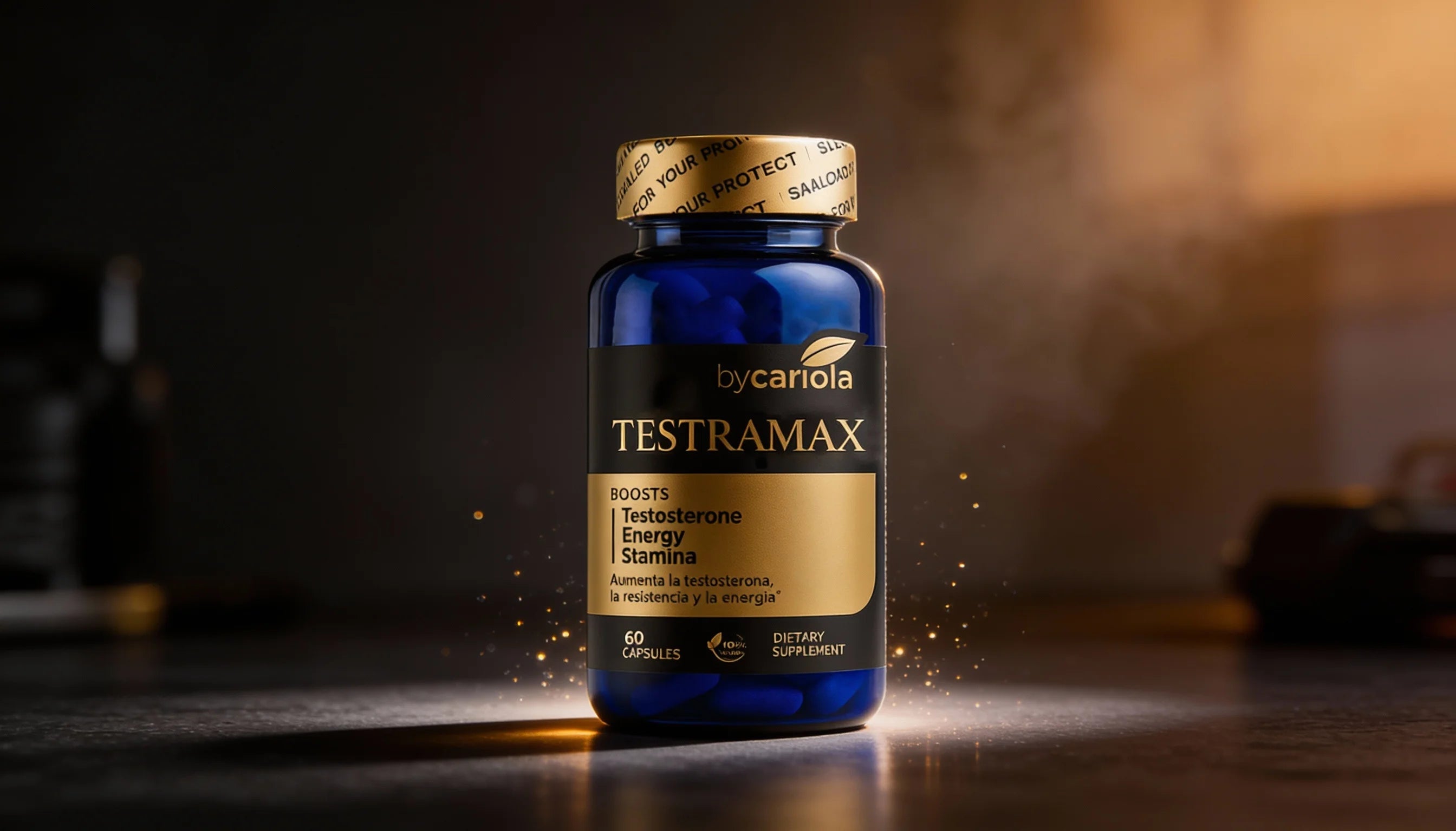 Lifestyle image of the TESTRAMAX bottle on a dark surface with soft lighting, symbolizing natural testosterone support, energy, and male vitality.