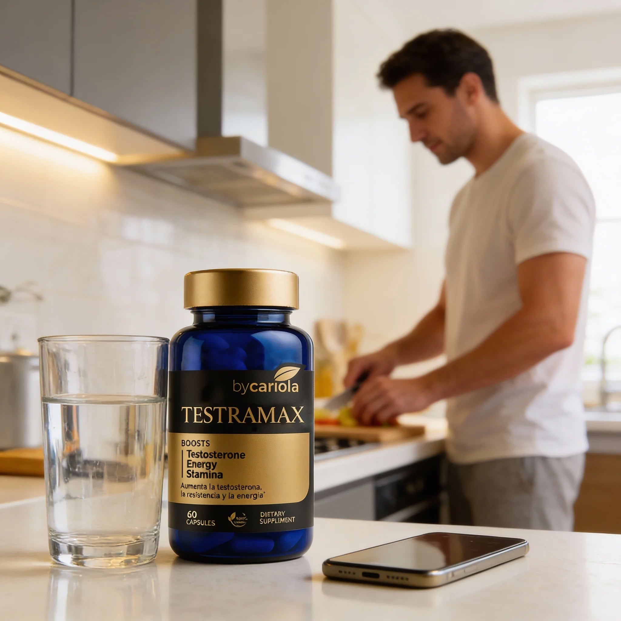 Man starting his morning with confidence and energy, with the TESTRAMAX bottle on the counter symbolizing daily vitality and testosterone support.