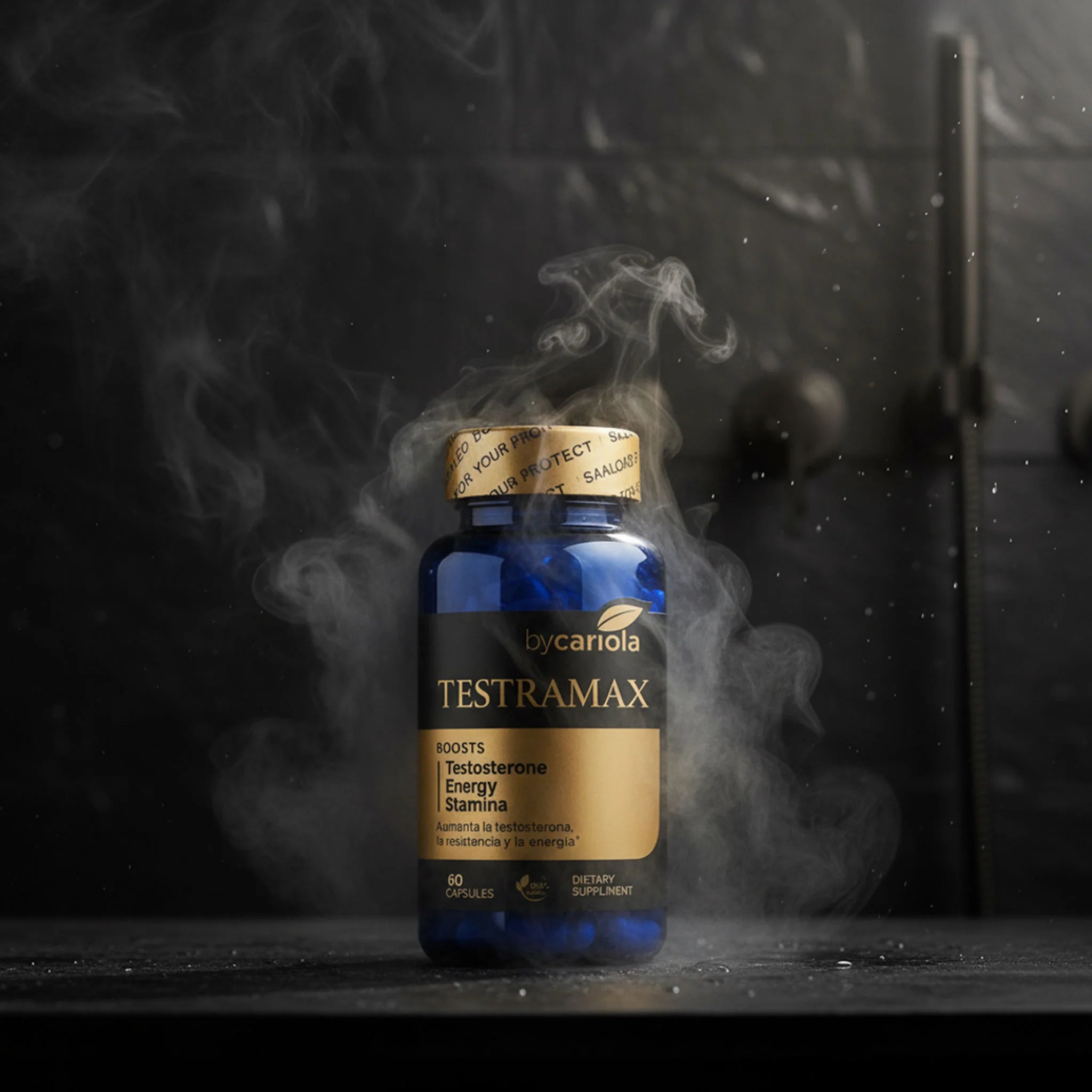 TESTRAMAX bottle on a dark surface with smoke effect, symbolizing increased strength, energy, and natural testosterone support for men.
