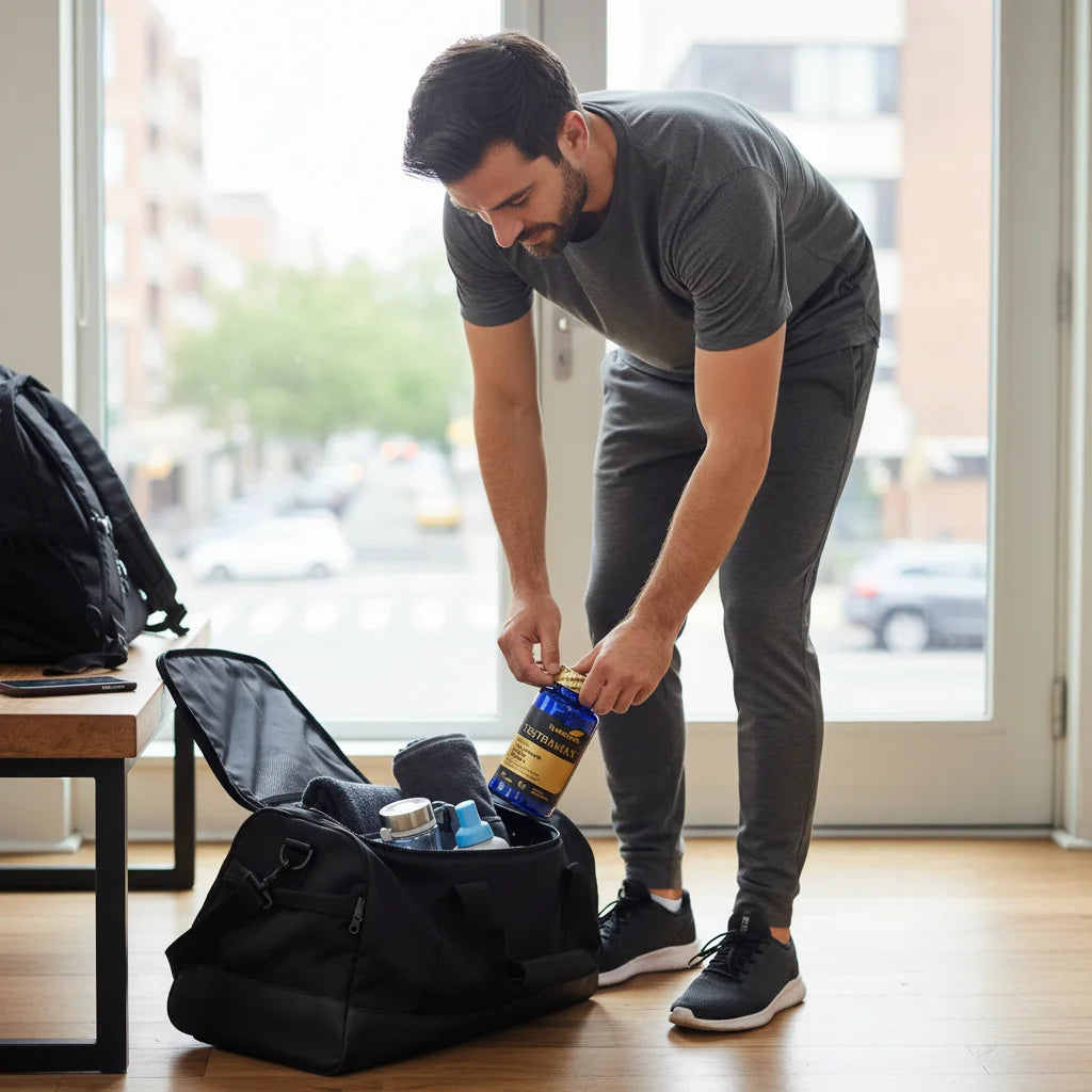 Lifestyle scene showing a man on the move with TESTRAMAX, symbolizing steady energy, focus, and confidence throughout the day.