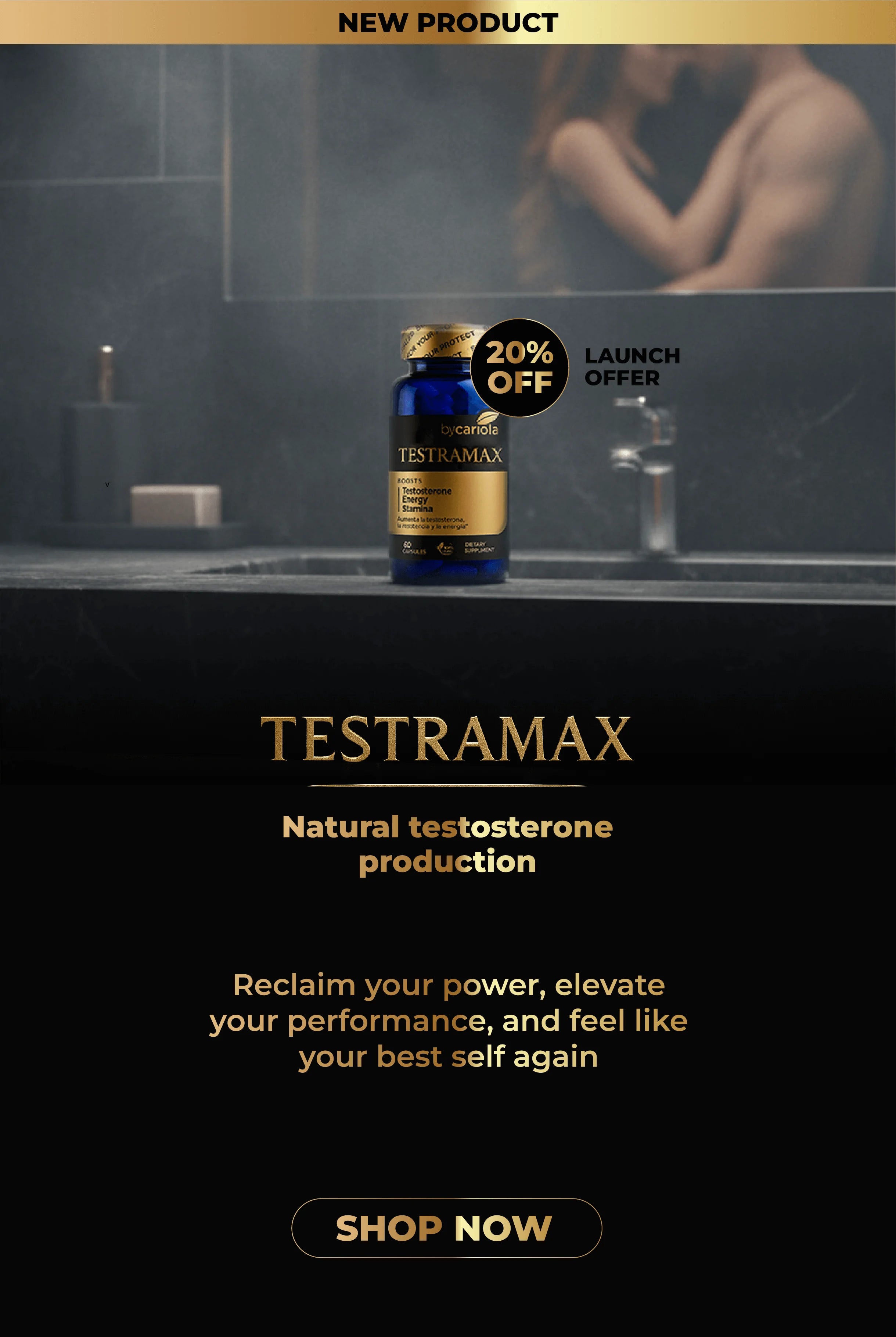 Mobile banner of Testramax bottle with “New Product” and “20% OFF Launch Offer”, headline “Natural testosterone production”, and CTA “Shop Now”