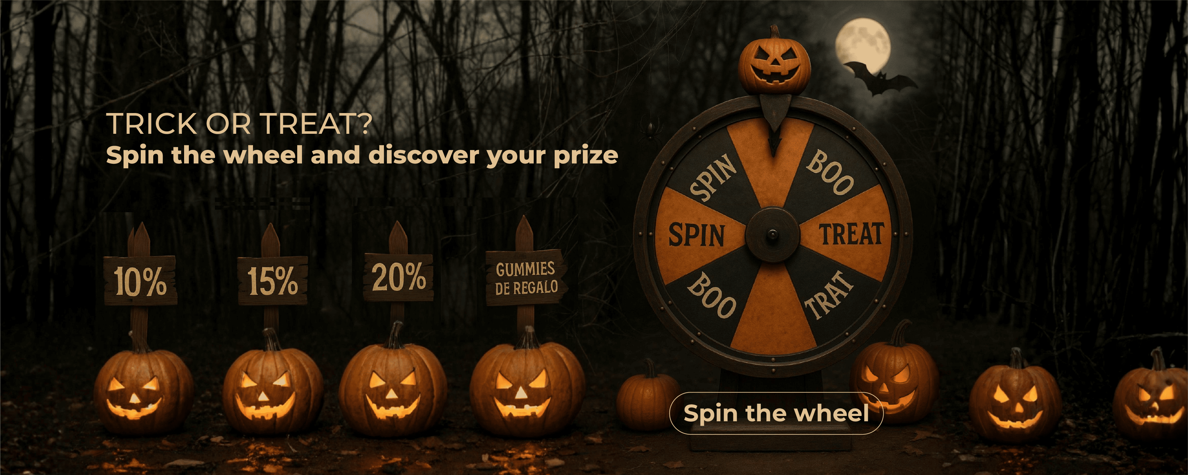 Halloween spin-the-wheel with pumpkins, full moon and spooky forest background, inviting to discover your Halloween prize.