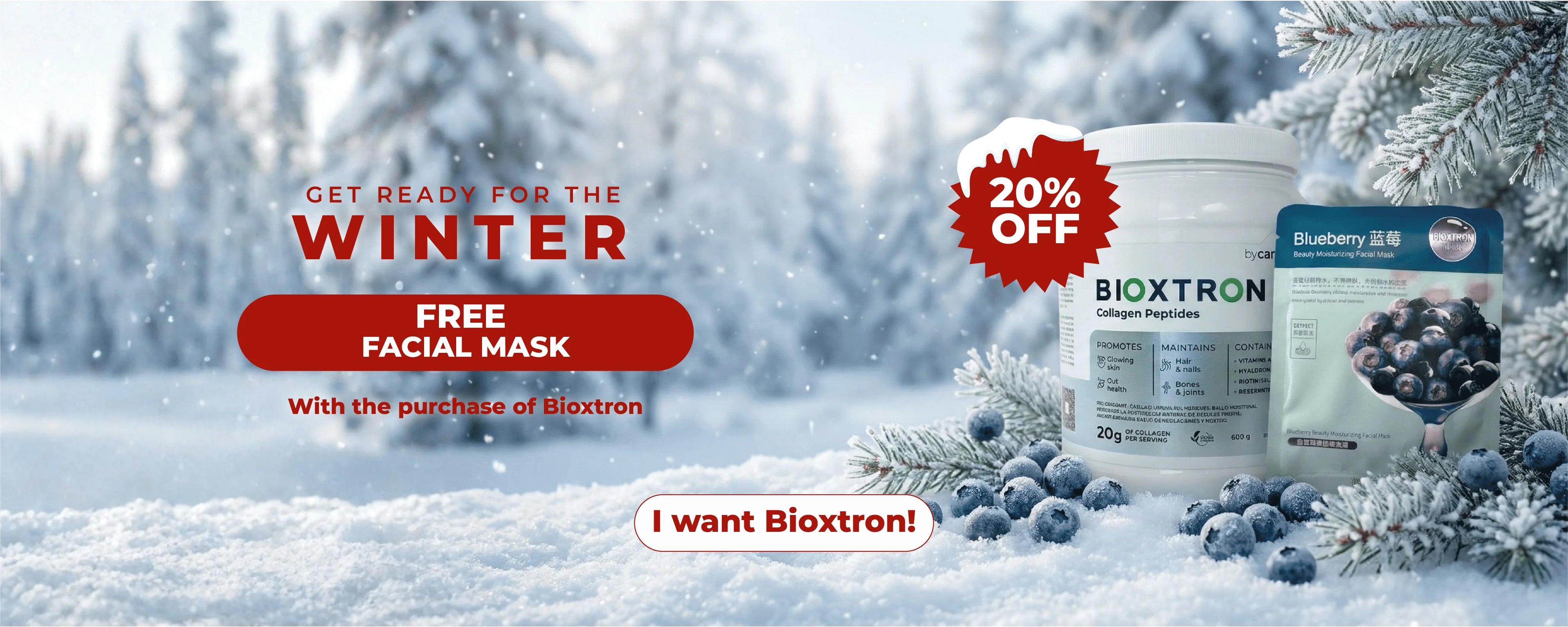 Winter promotion featuring Bioxtron Collagen with a free facial mask offer. Snowy forest background with collagen container and blueberry mask displayed.