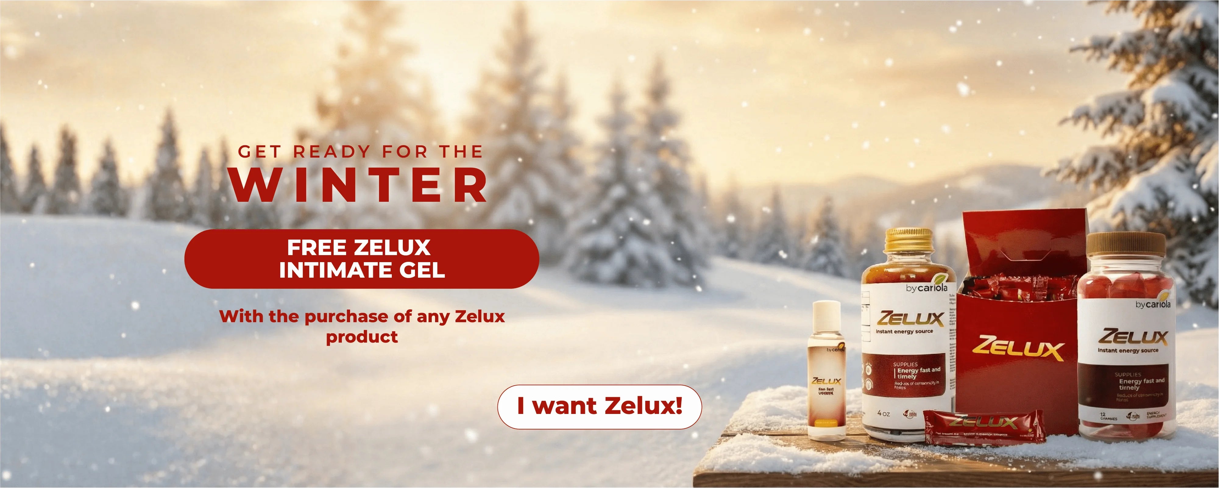 Winter promotion featuring Zelux products with a free Zelux Intimate Gel offer. Snowy background with Zelux supplements displayed on a wooden table.