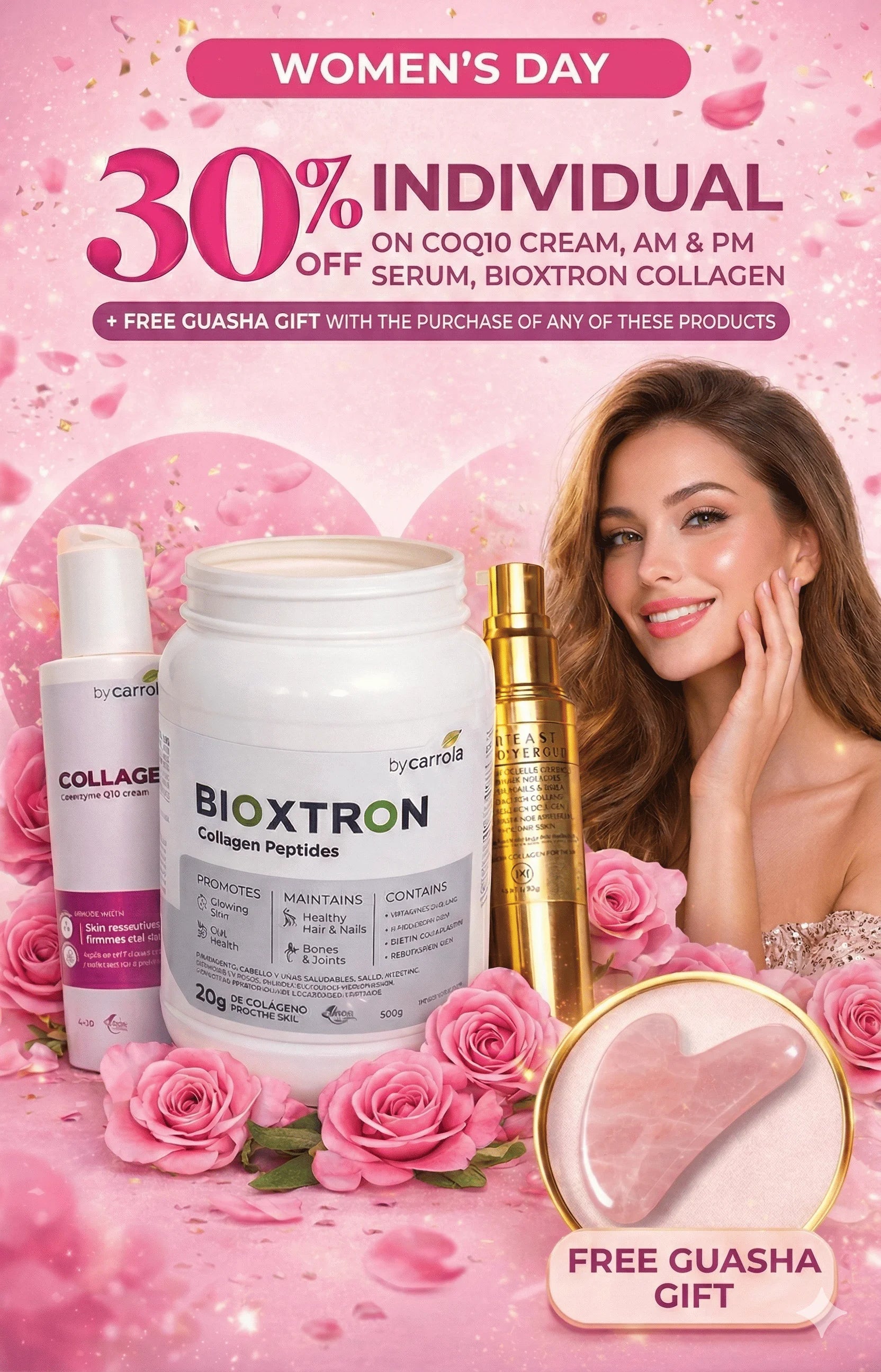 Vertical Women’s Day sale banner showing 30% discount on CoQ10 cream, AM & PM serum, and Bioxtron Collagen with a free guasha gift. Pink background with roses and female model.