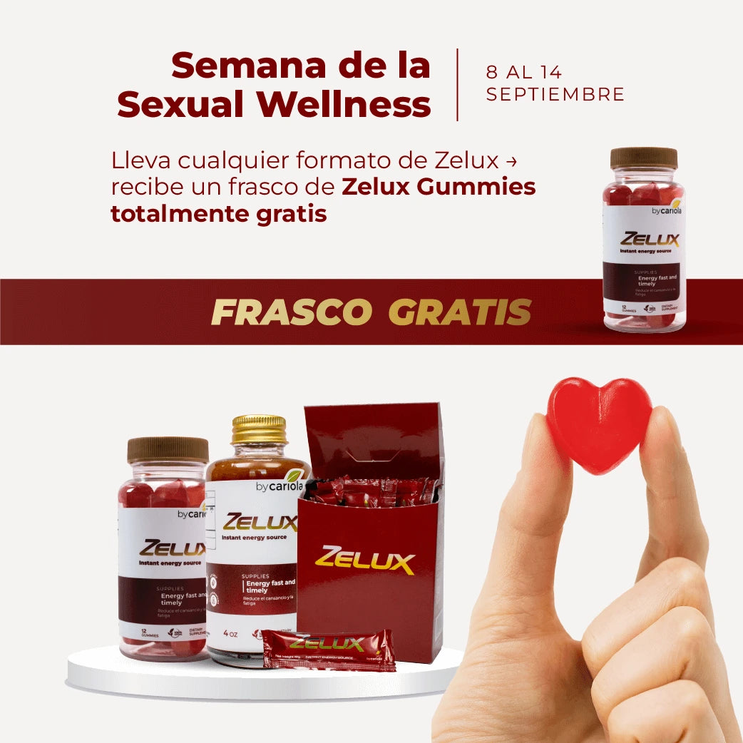 Oferta Zelux Gummies gratis en la Semana de la Sexual Wellness, válida del 8 al 14 de septiembre con la compra de cualquier formato Zelux.