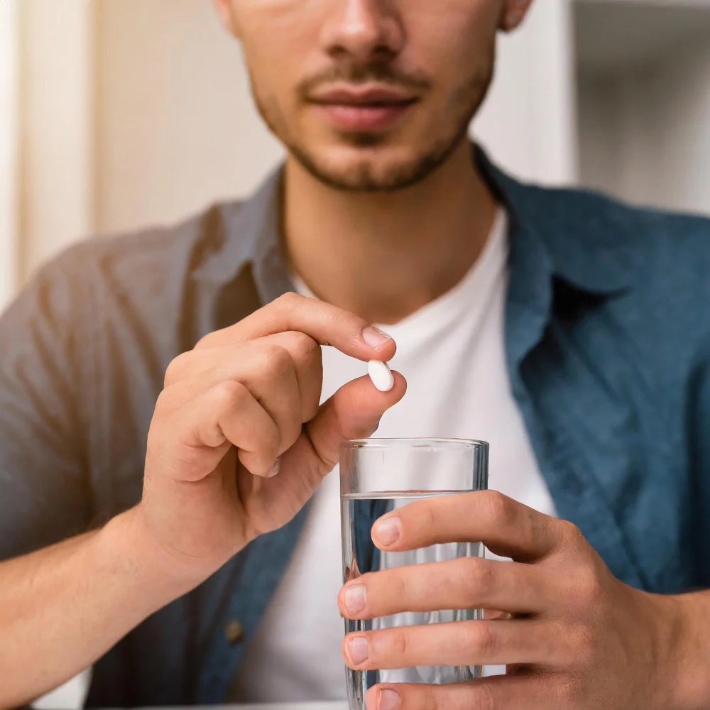 At work or commuting, person taking a capsule; travel-friendly bottle in bag.