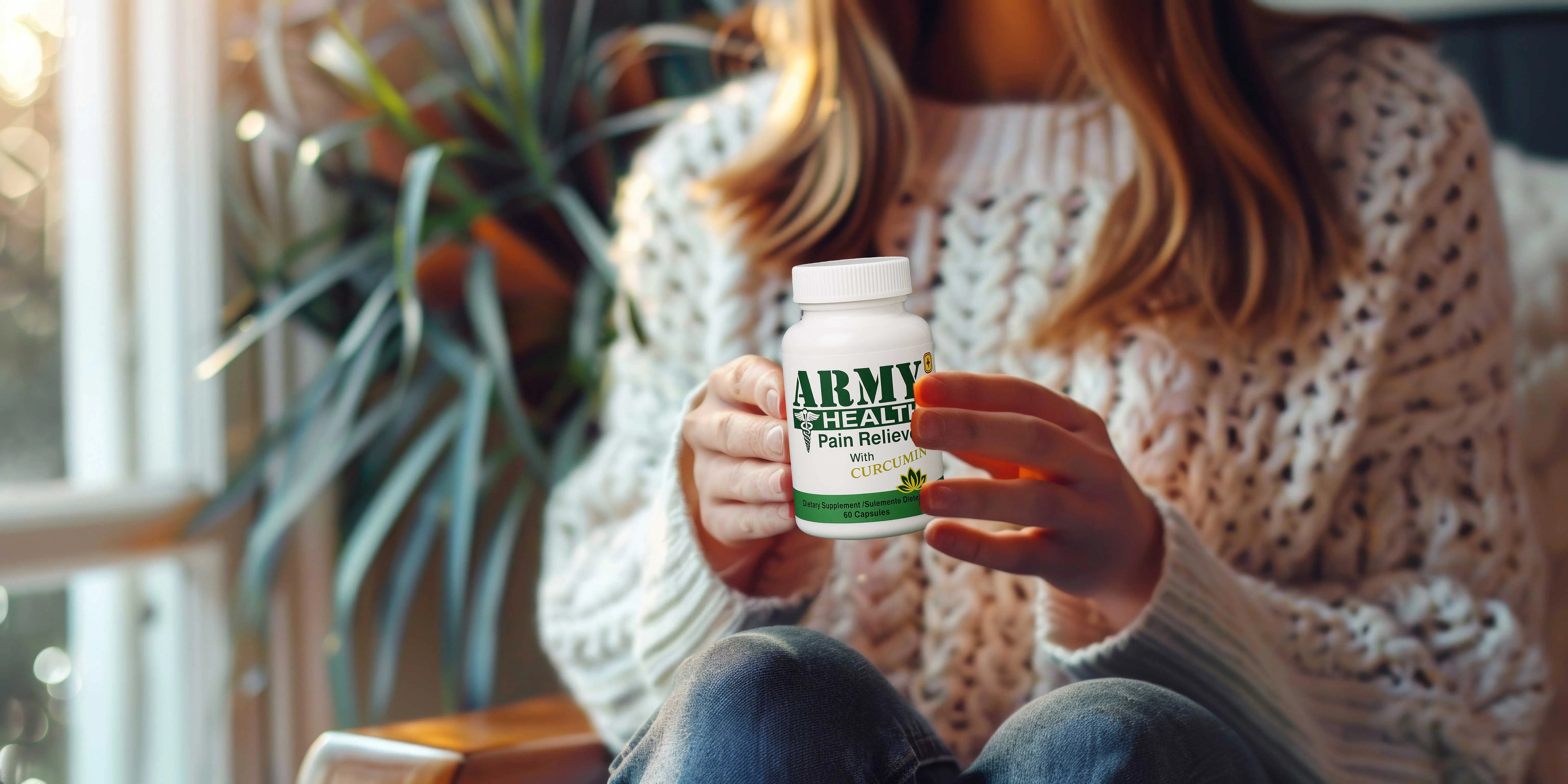 Adult taking Army Health capsules with water in a bright morning routine; curcumin-based natural support for joint and muscle comfort.