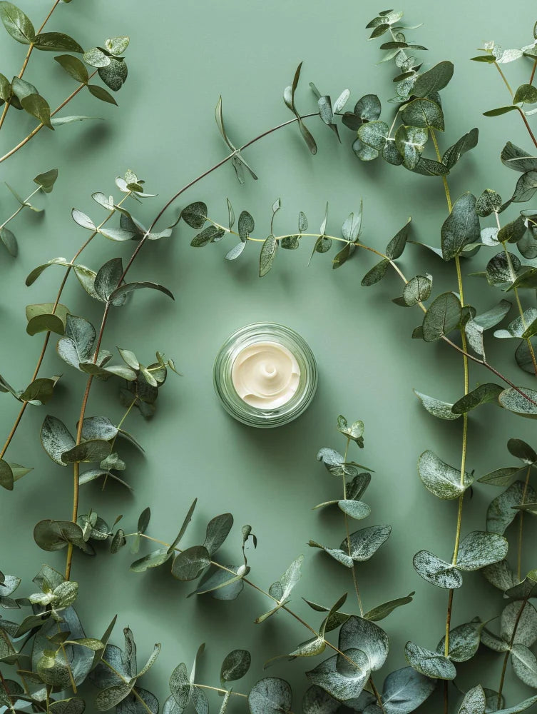 Flat-lay of Army Health cream and roll-on with eucalyptus, ginger and turmeric on a bright background.