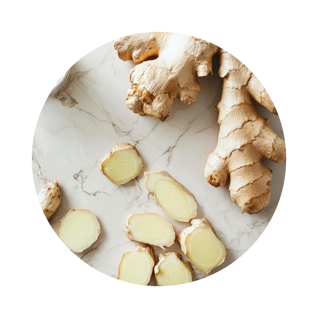 Ginger root providing a gentle warming effect to ease stiffness.