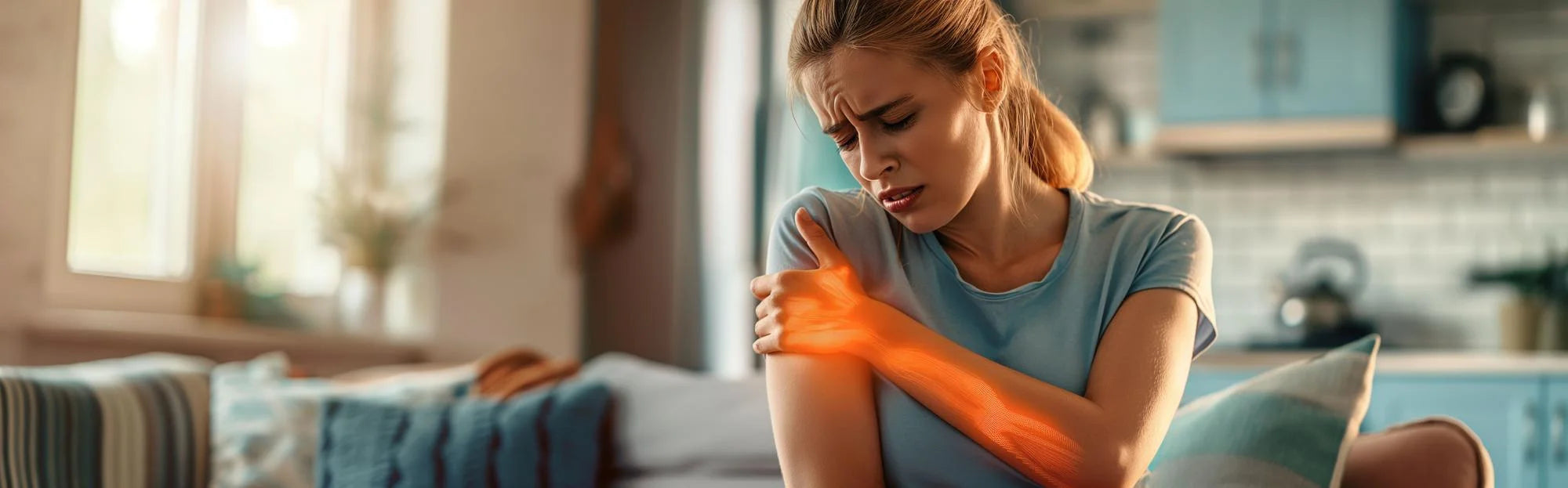 Woman holding her shoulder in pain in a home setting