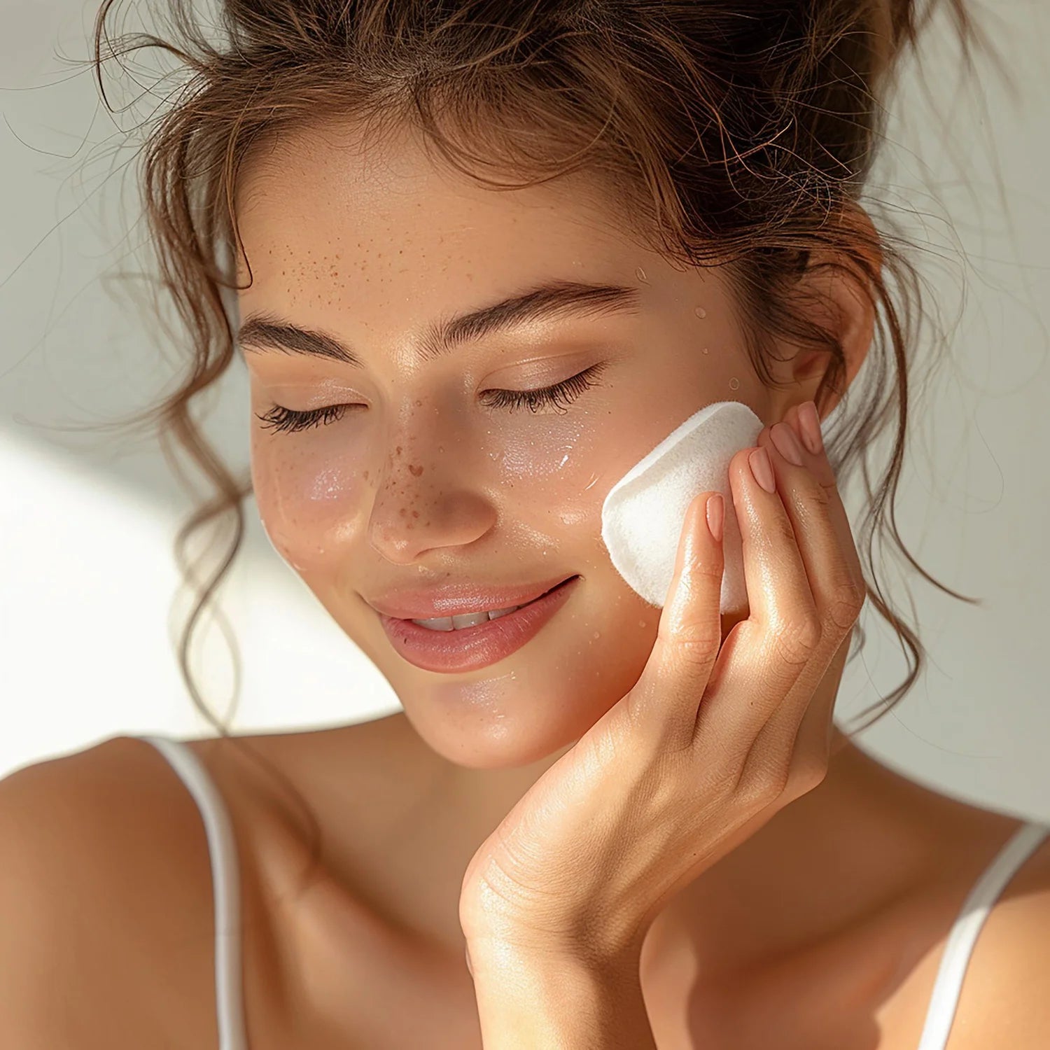 Woman cleansing eyelid area before applying eyelash and brow serum.
