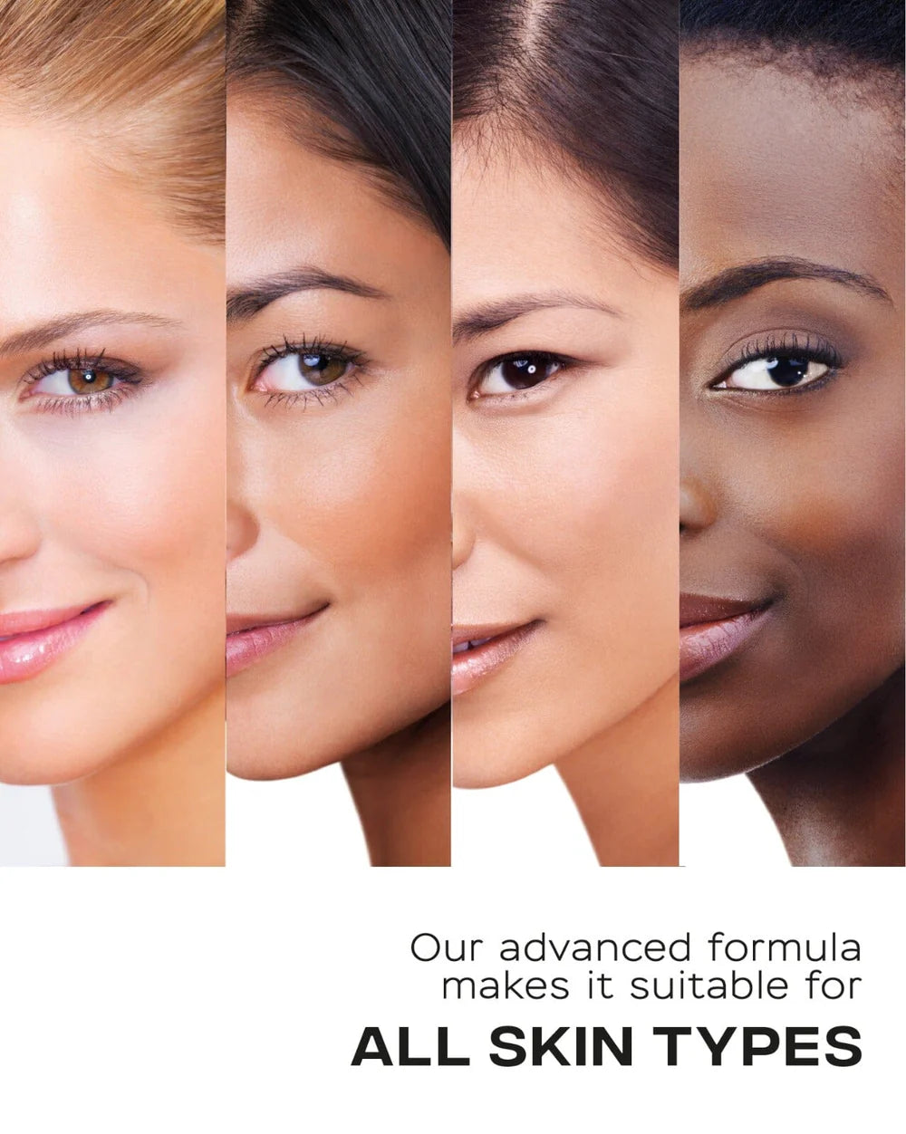 All skin types graphic showing diverse complexions for BeautyBoost day serum suitability.