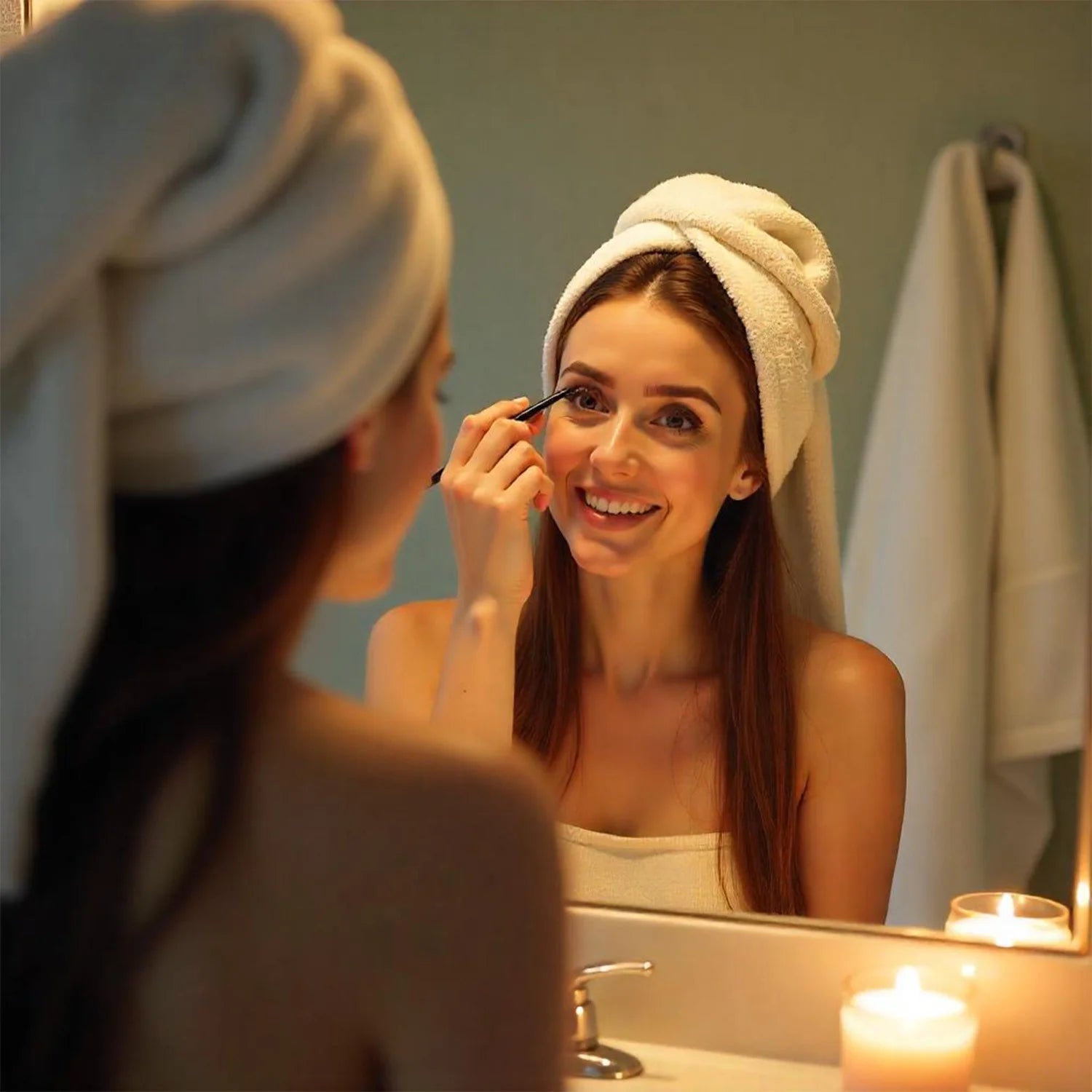 Evening beauty ritual applying lash and brow serum with soft warm light.