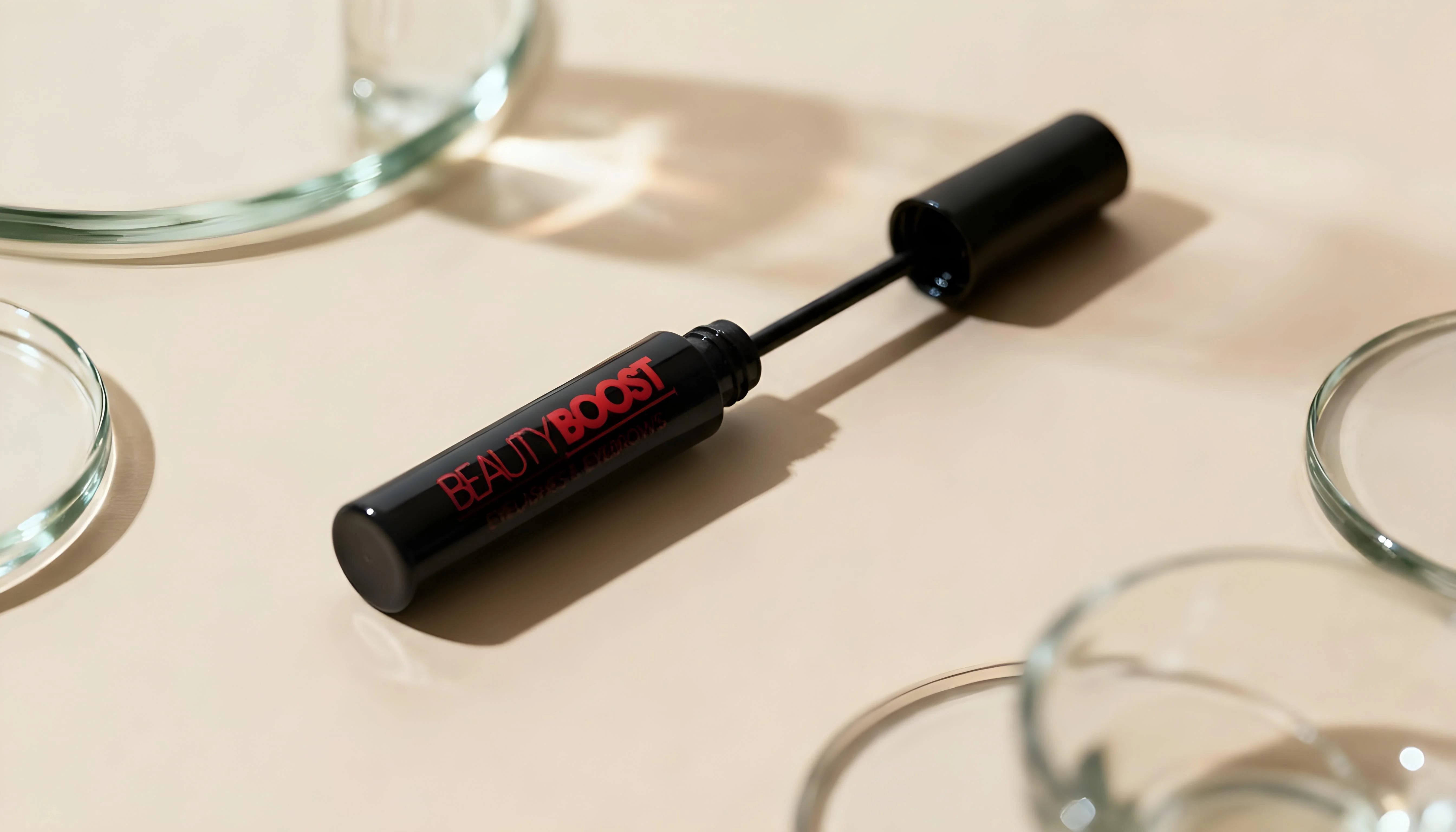 Clean beauty scene with BeautyBoost eyelash and brow serum on a soft neutral background, showing a minimal premium aesthetic.