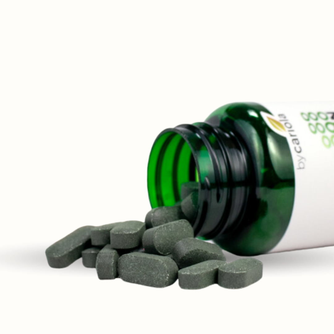 Open Bioxtron Chewable Tablets bottle with tablets spilling out.